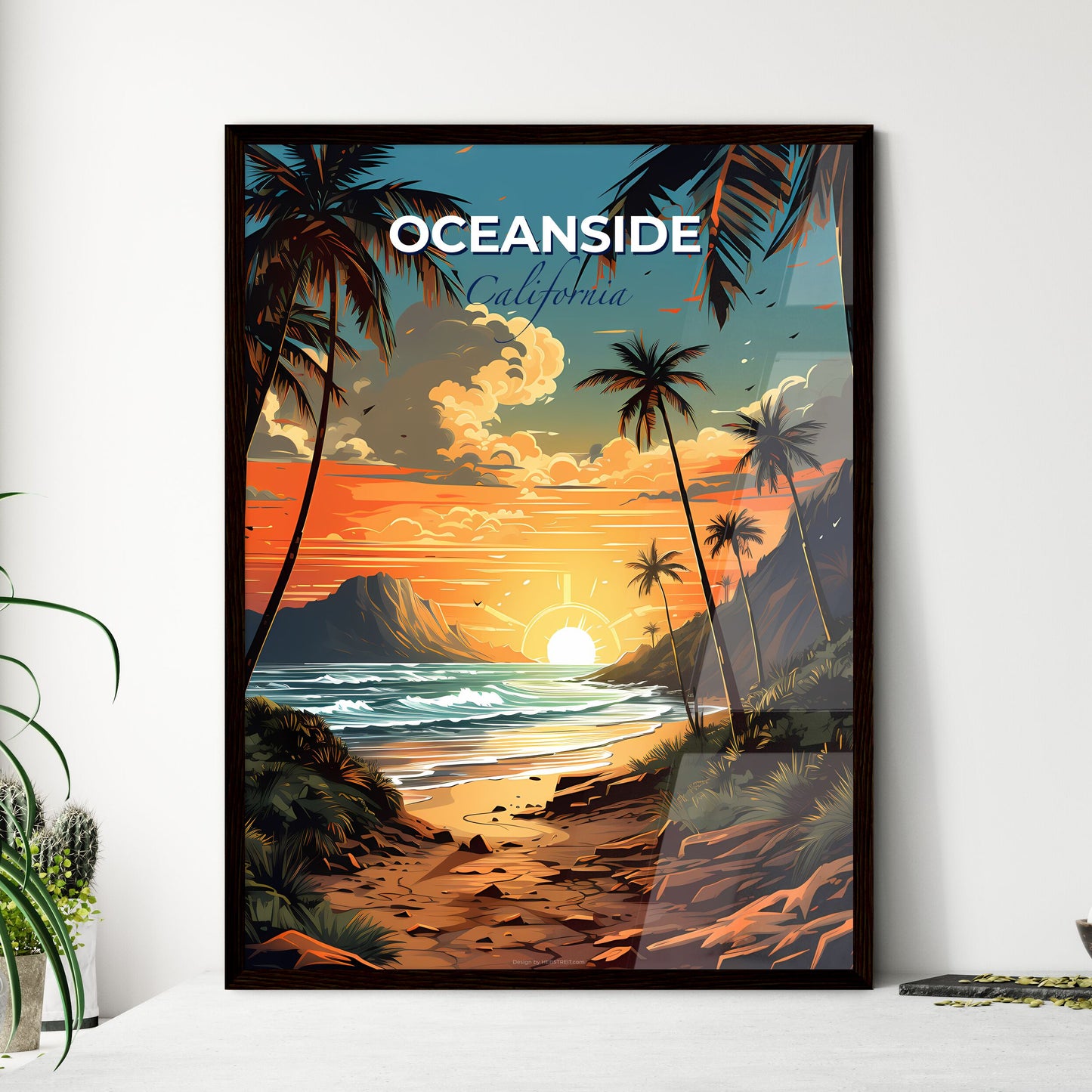 Oceanside, California, A Poster of a beach with palm trees and a sunset Default Title