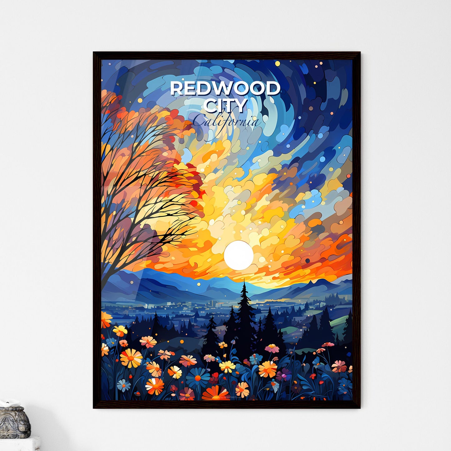 Redwood City, California, A Poster of a colorful landscape with trees and flowers Default Title