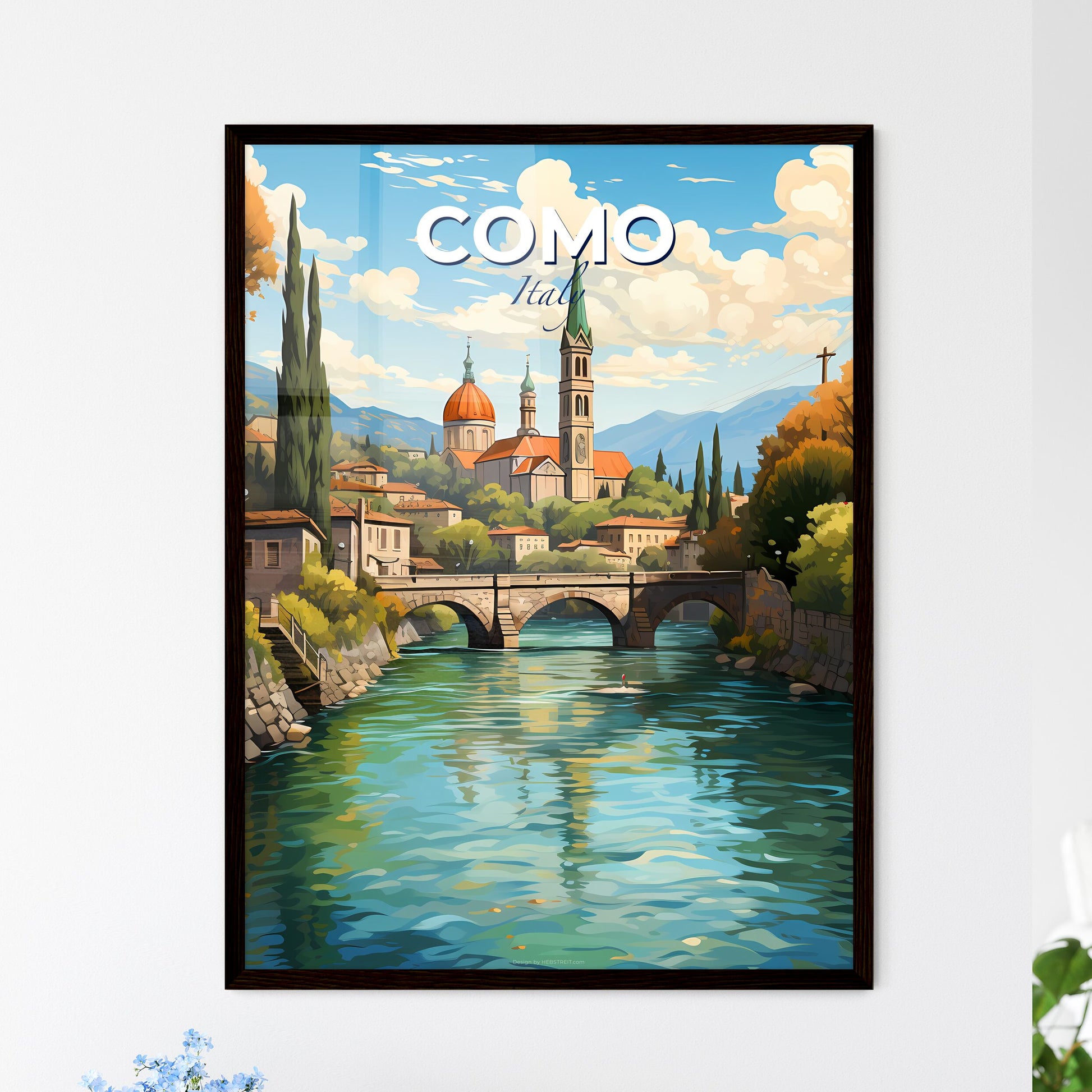 Como, Italy, A Poster of a bridge over a river with a bridge and a town in the background Default Title
