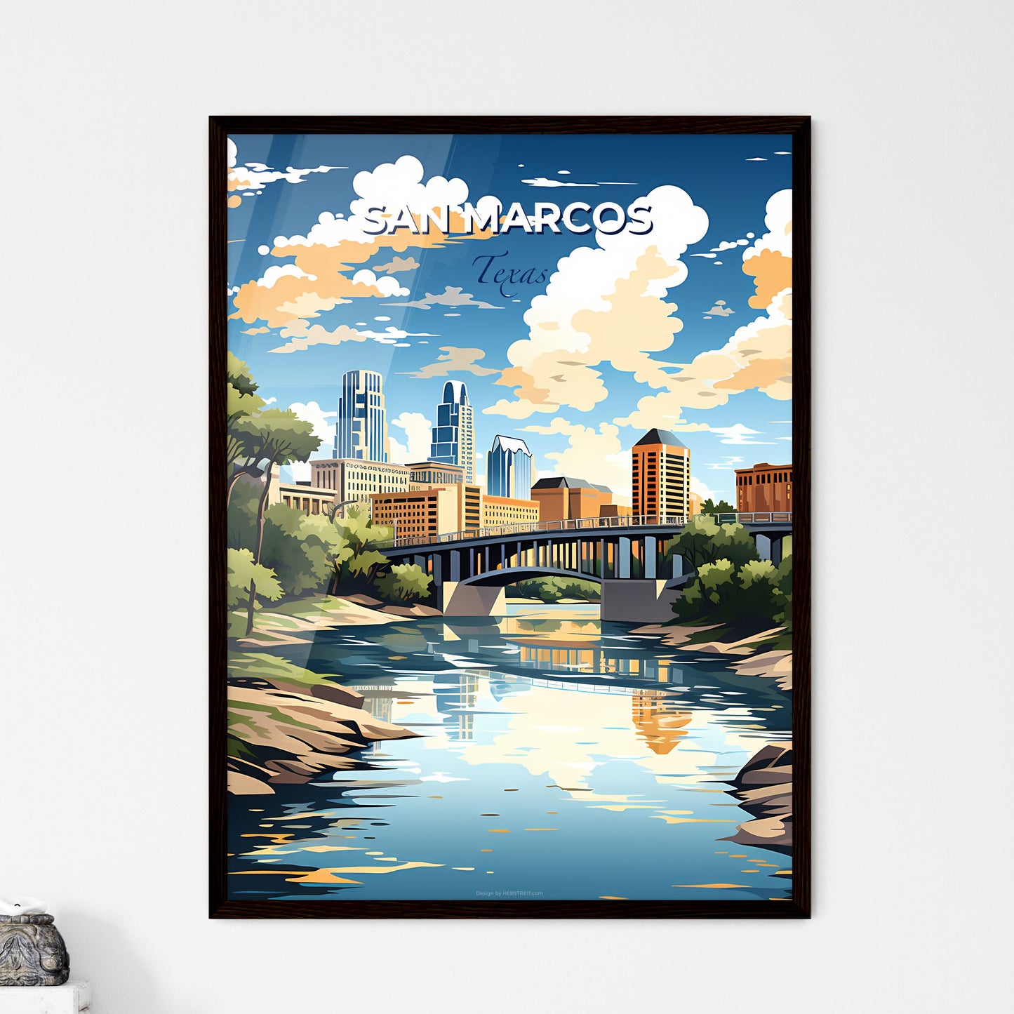 San Marcos, Texas, A Poster of a bridge over a river with trees and buildings Default Title