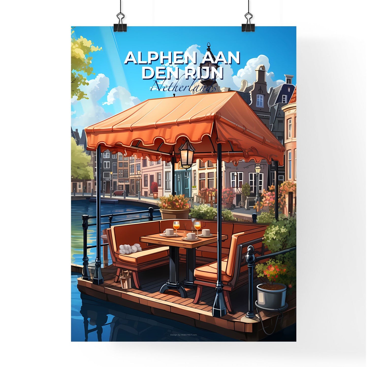 Alphen Aan Den Rijn, Netherlands, A Poster of a table and chairs on a dock by a river Default Title