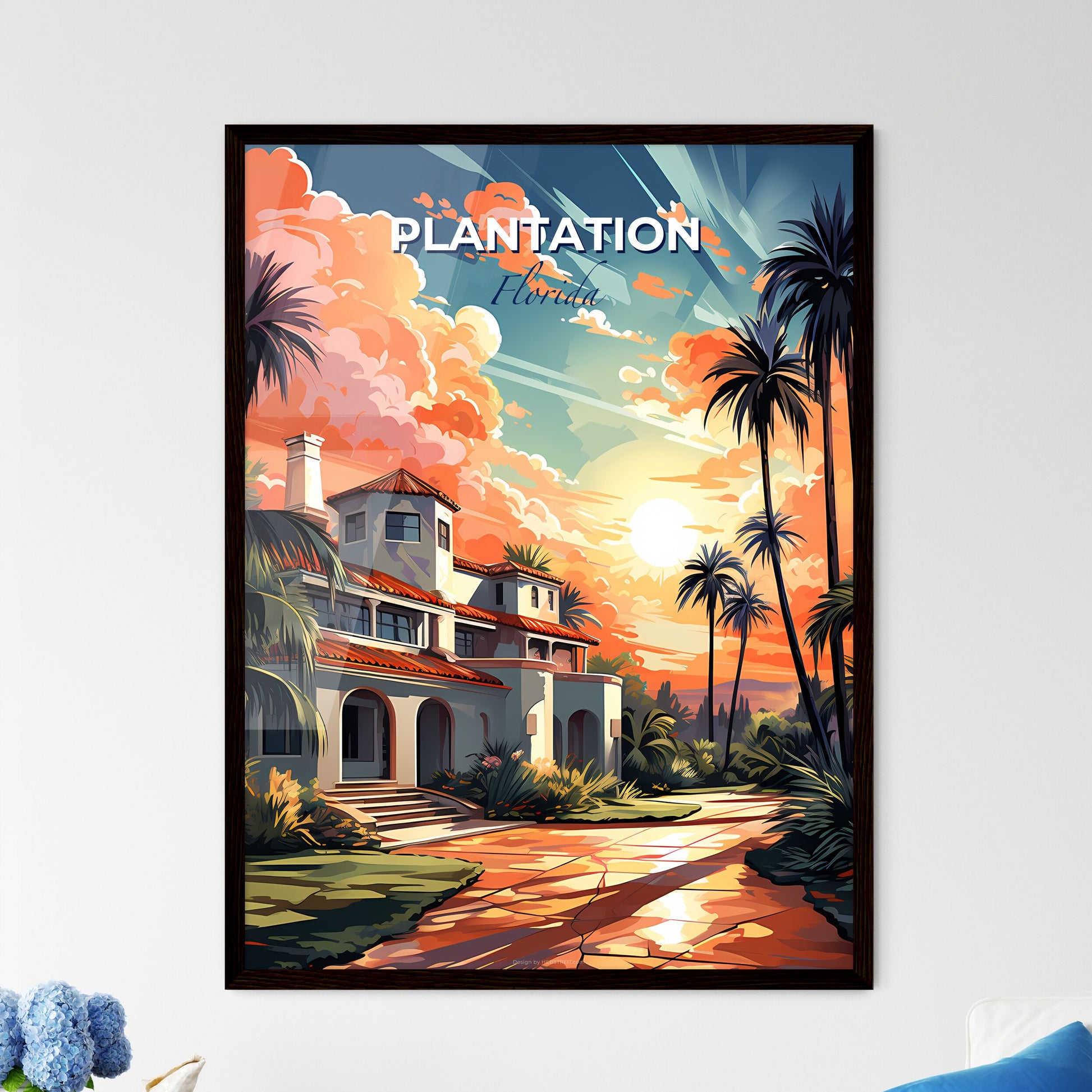 Plantation, Florida, A Poster of a house with palm trees and a sunset Default Title