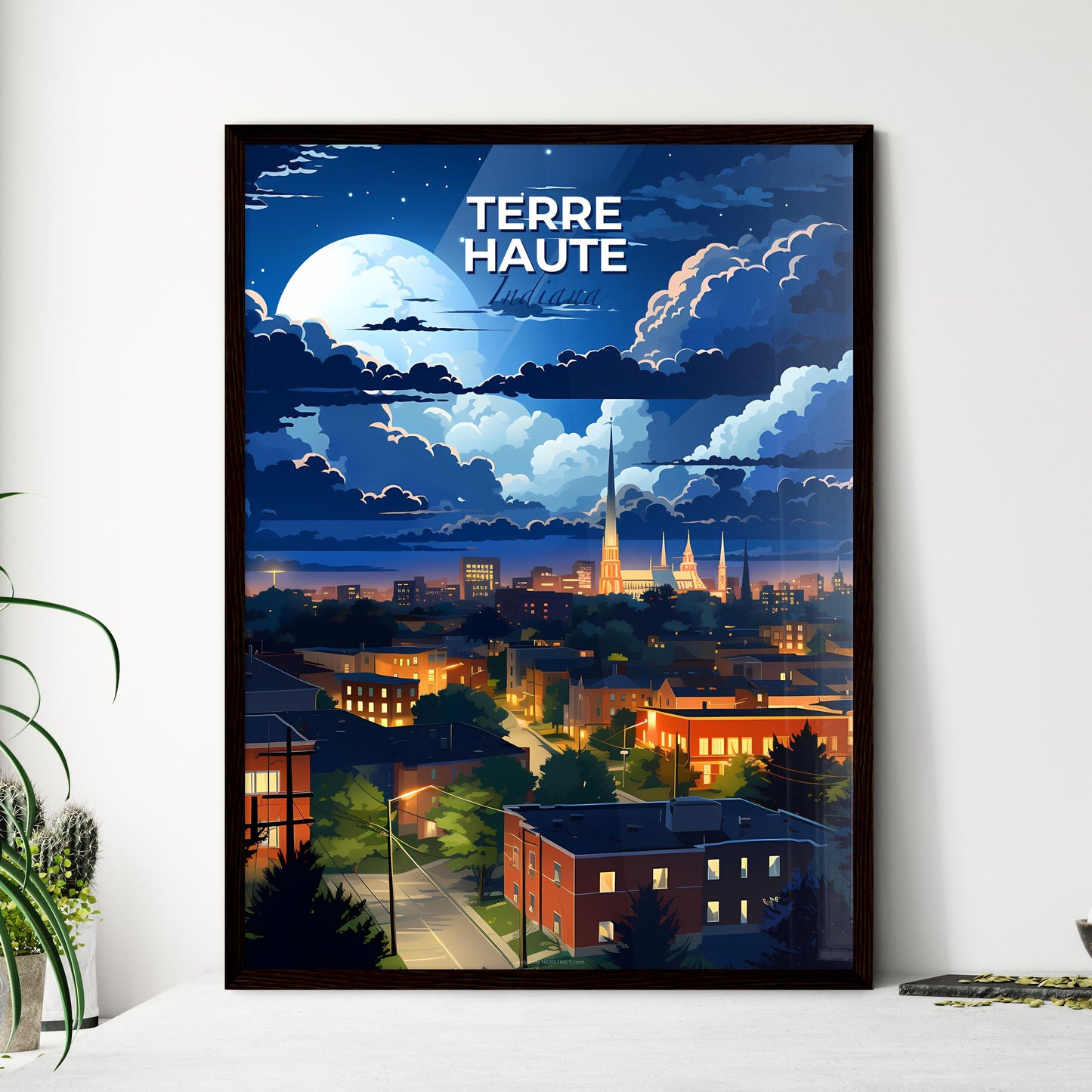 Terre Haute, Indiana, A Poster of a city at night with a moon in the sky Default Title