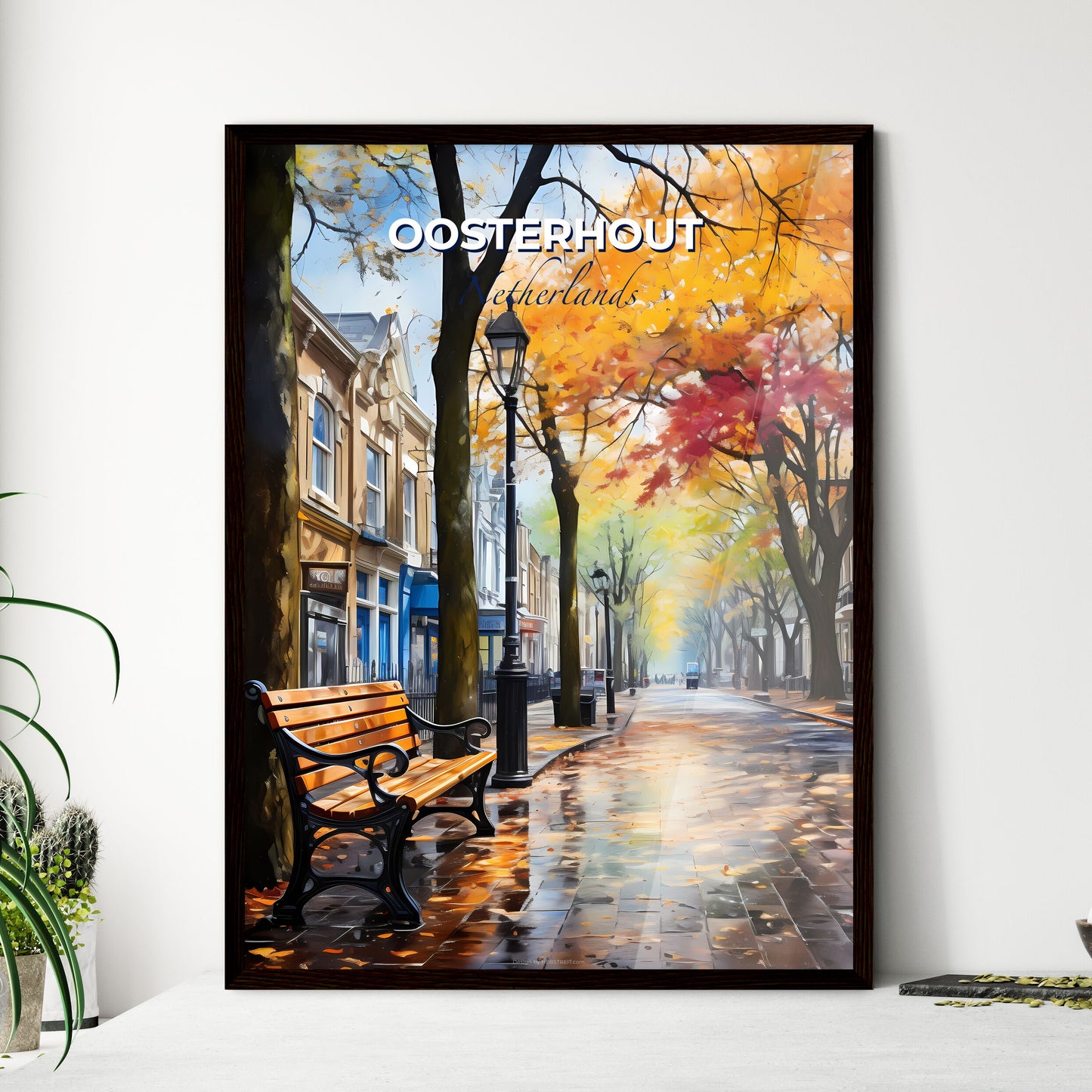 Oosterhout, Netherlands, A Poster of a bench on a wet street Default Title