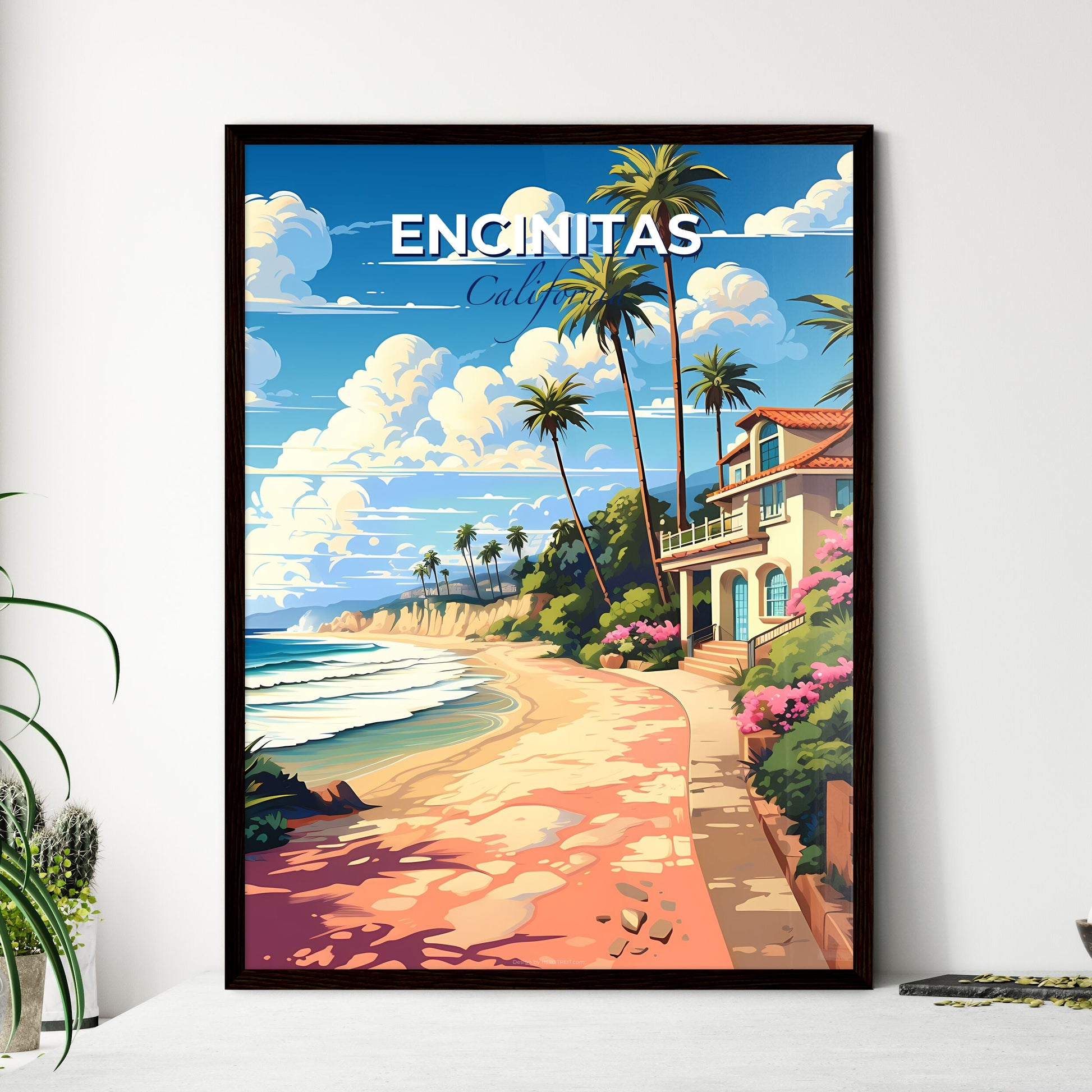 Encinitas, California, A Poster of a beach with a house and palm trees Default Title