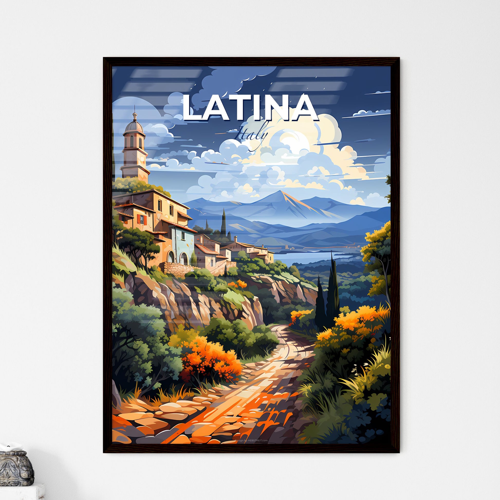 Latina, Italy, A Poster of a landscape with a road and buildings on a hill Default Title