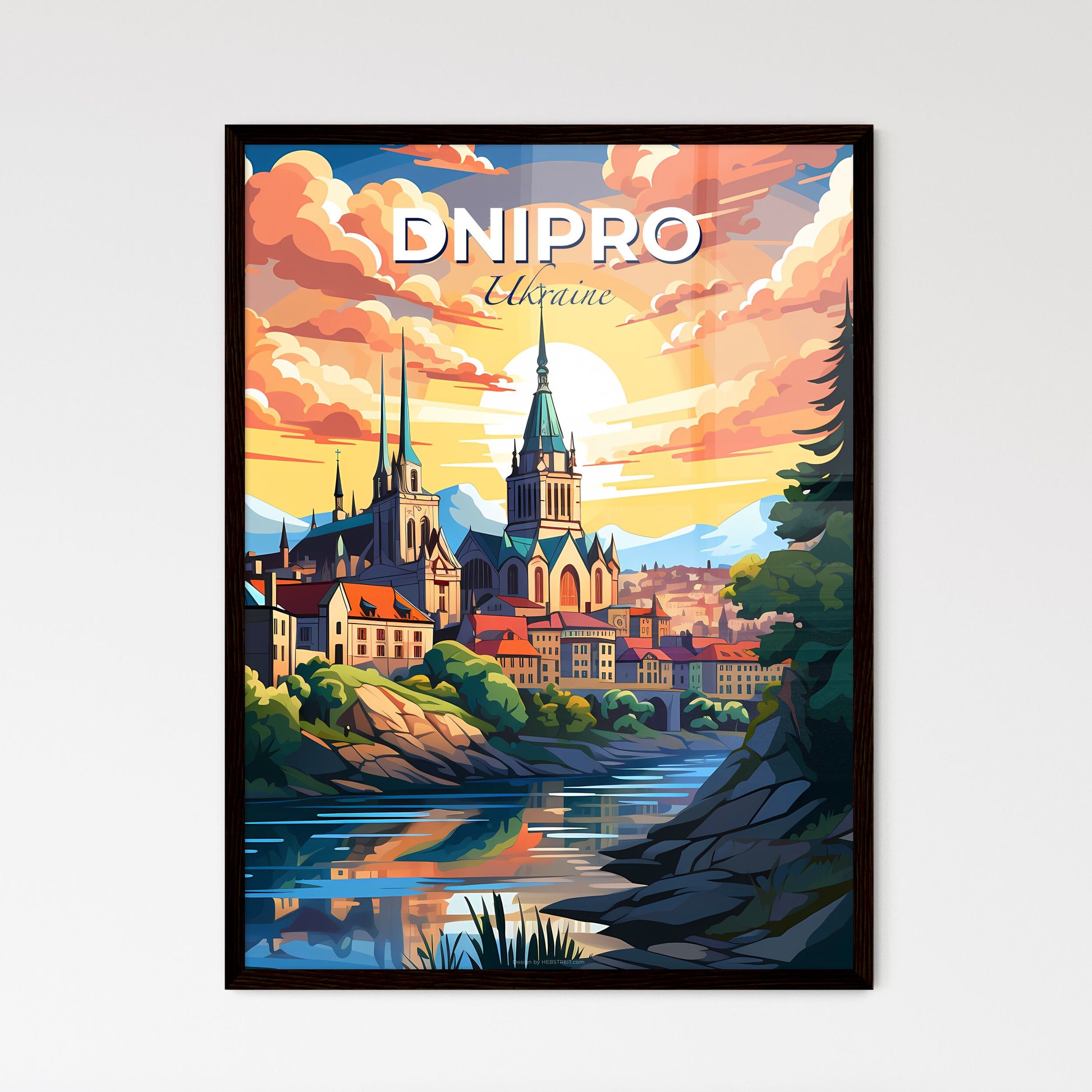 Dnipro, Ukraine, A Poster of a painting of a city with a river and trees Default Title