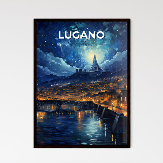 Lugano, Switzerland, A Poster of a bridge over a river with a city in the background Default Title