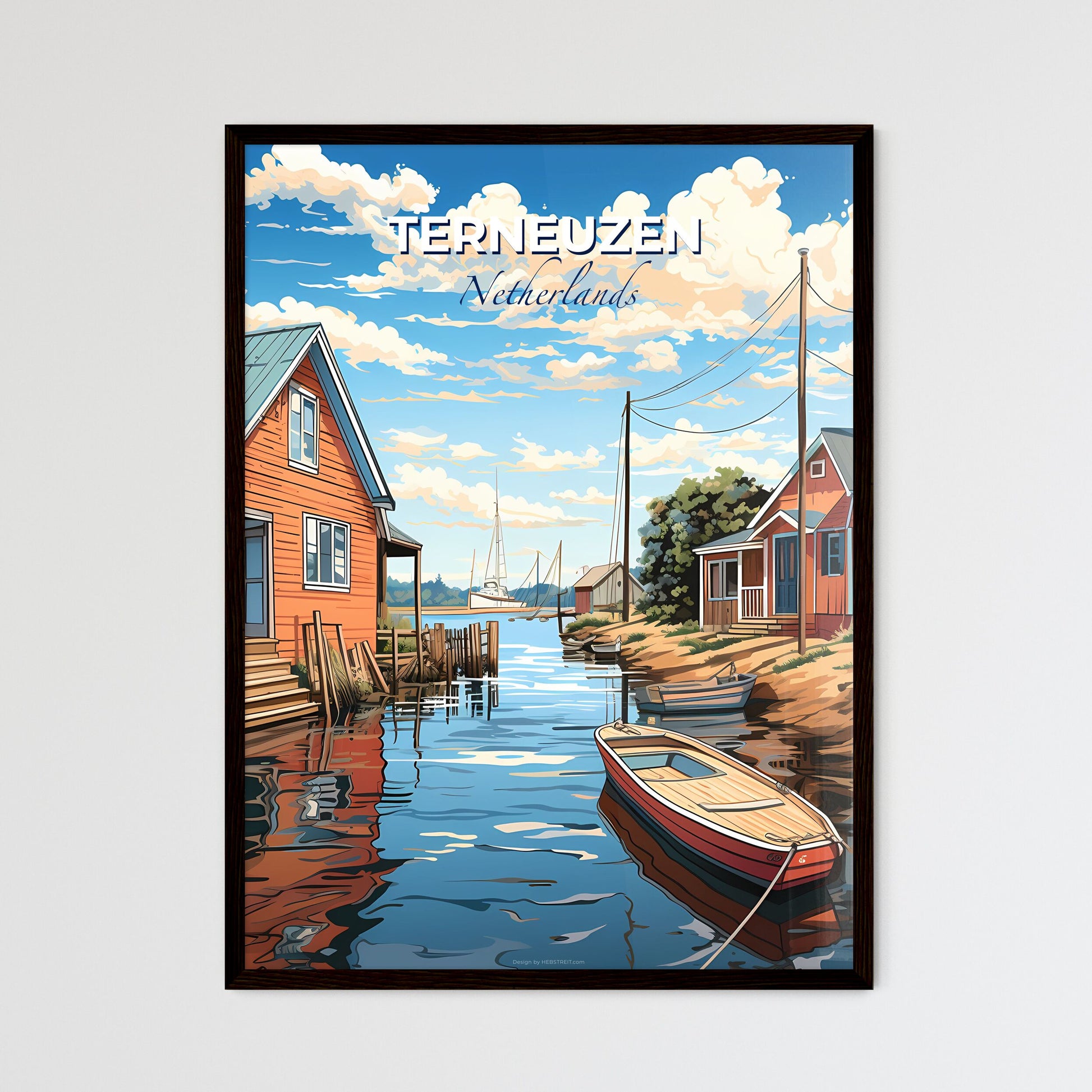 Terneuzen, Netherlands, A Poster of a water way with boats and houses Default Title