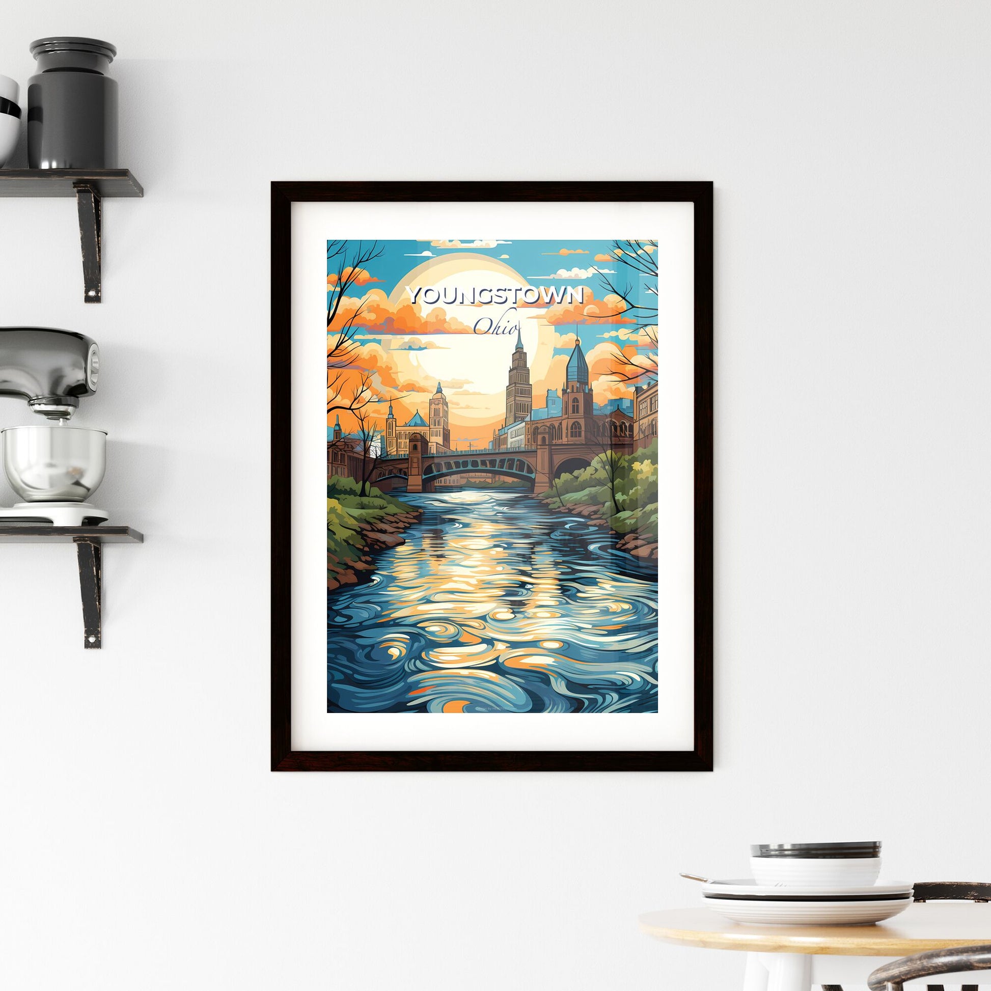 Youngstown, Ohio, A Poster of a river with a bridge and trees and a city with a sunset Default Title