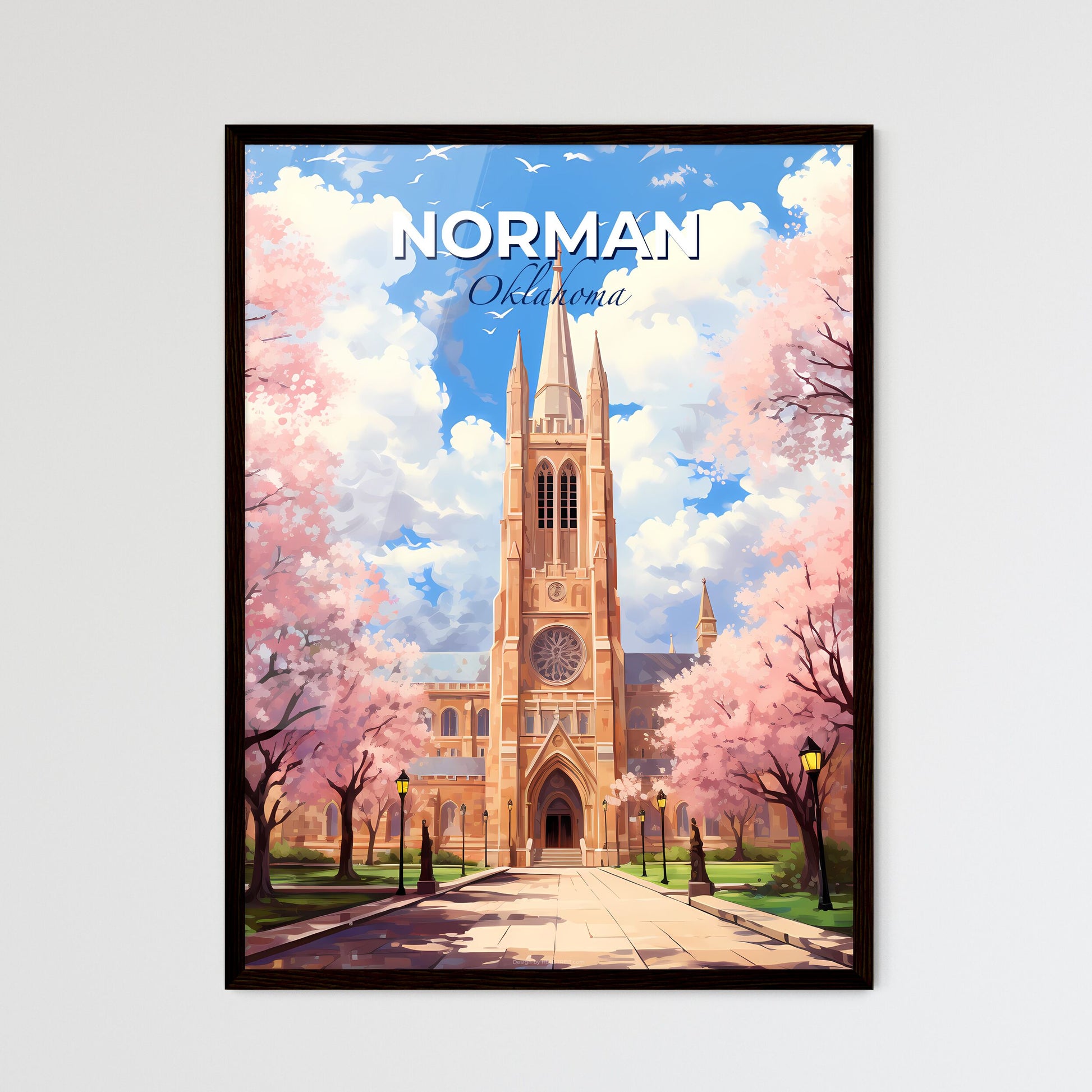 Norman, Oklahoma, A Poster of a church with pink trees and a path Default Title