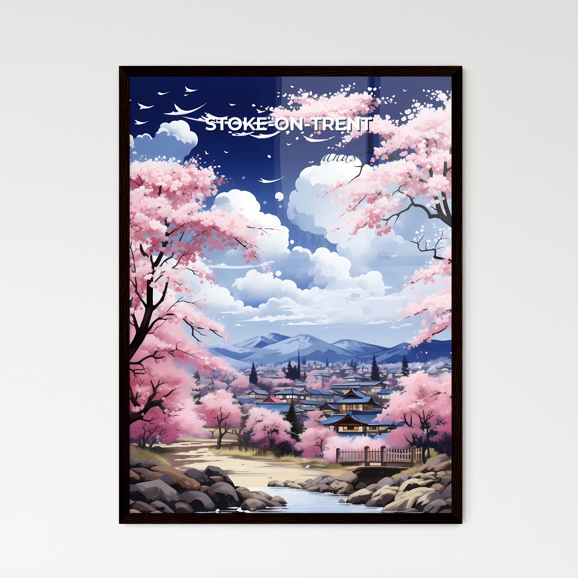 Stoke-On-Trent, West Midlands, A Poster of a landscape with pink trees and buildings Default Title