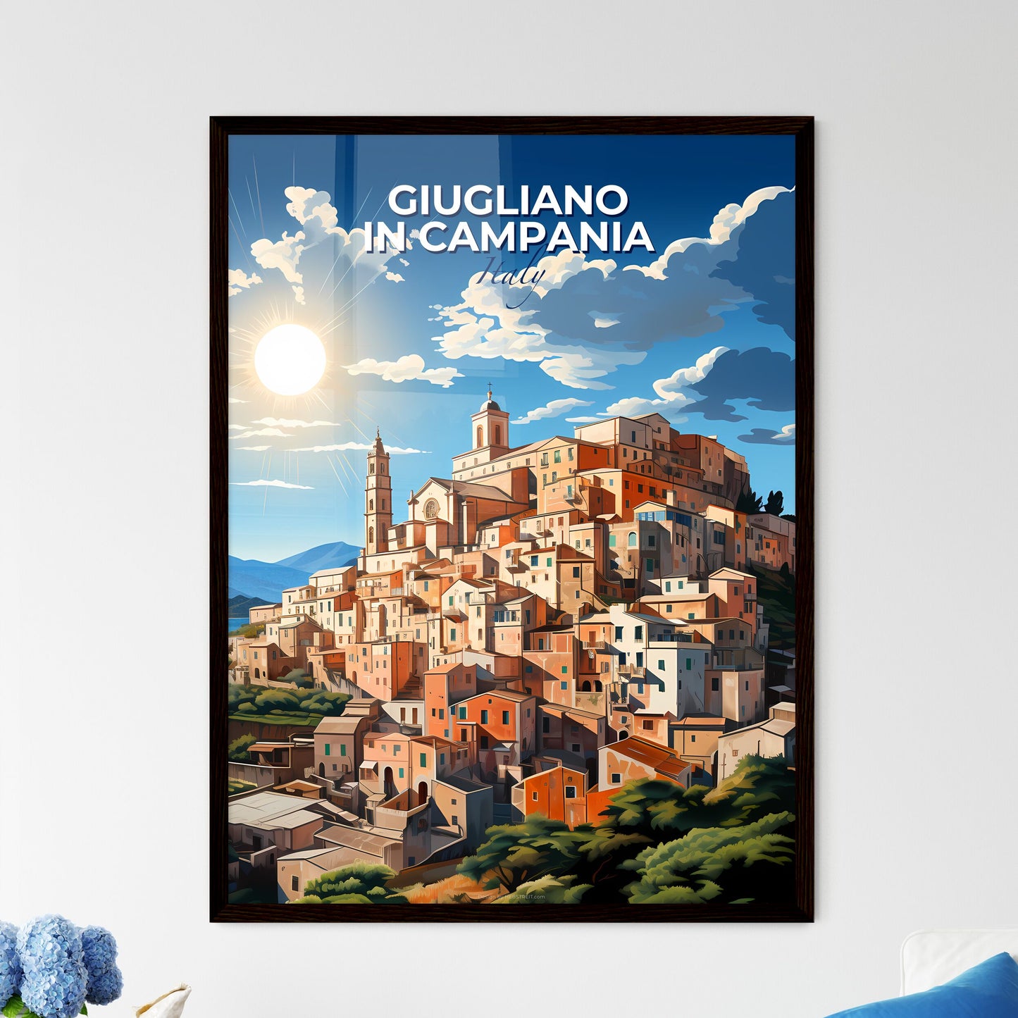 Giugliano In Campania, Italy, A Poster of a city on a hill with trees and mountains in the background Default Title