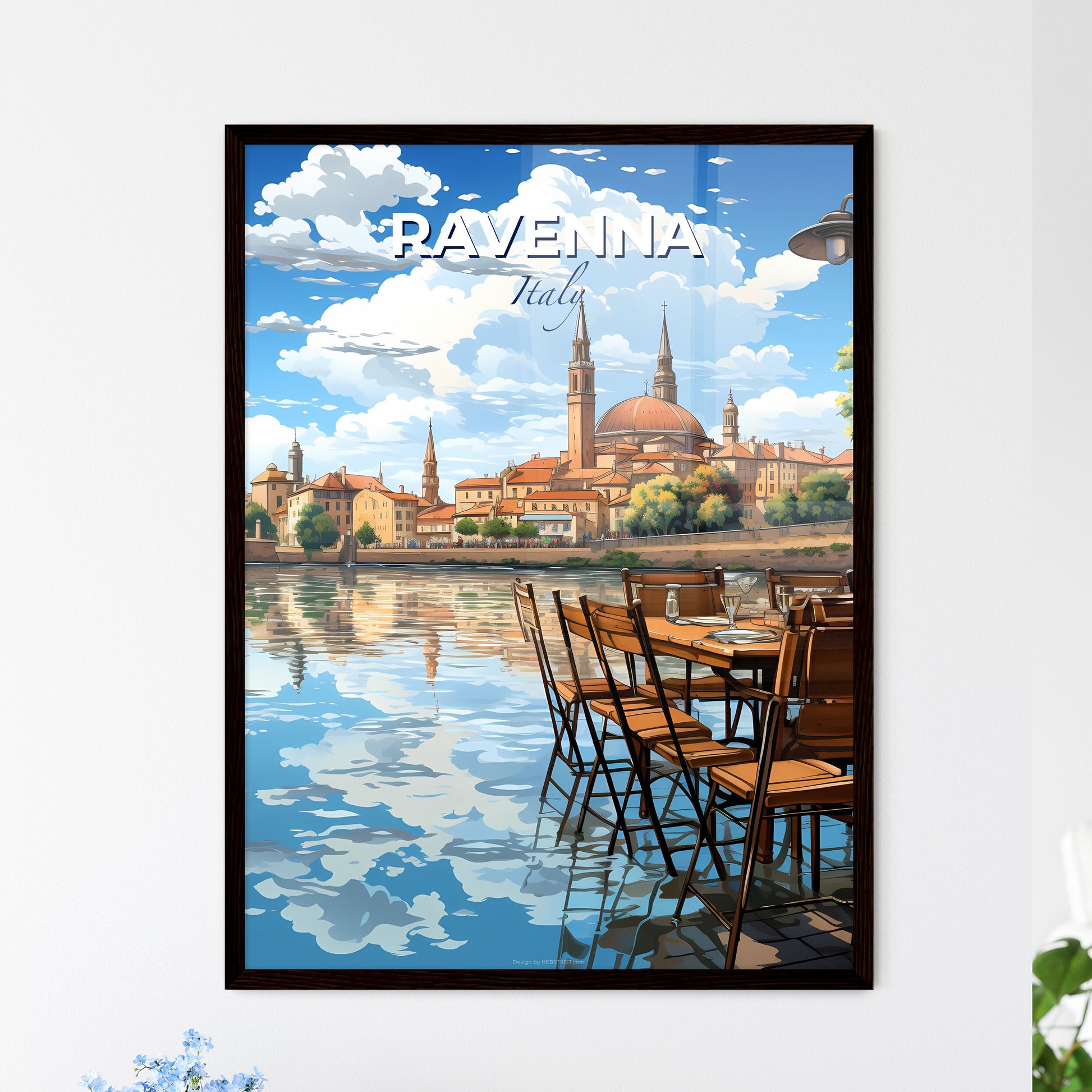 Ravenna, Italy, A Poster of a table and chairs by a lake Default Title