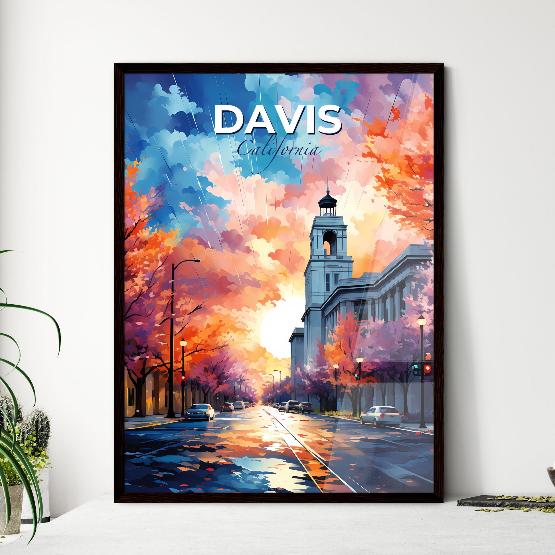 Davis, California, A Poster of a street with cars and trees with a bell tower Default Title