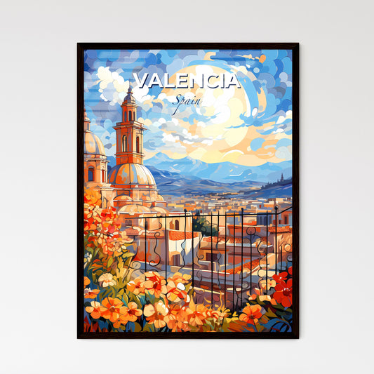 Valencia, Spain, A Poster of a painting of a building with flowers and mountains in the background Default Title