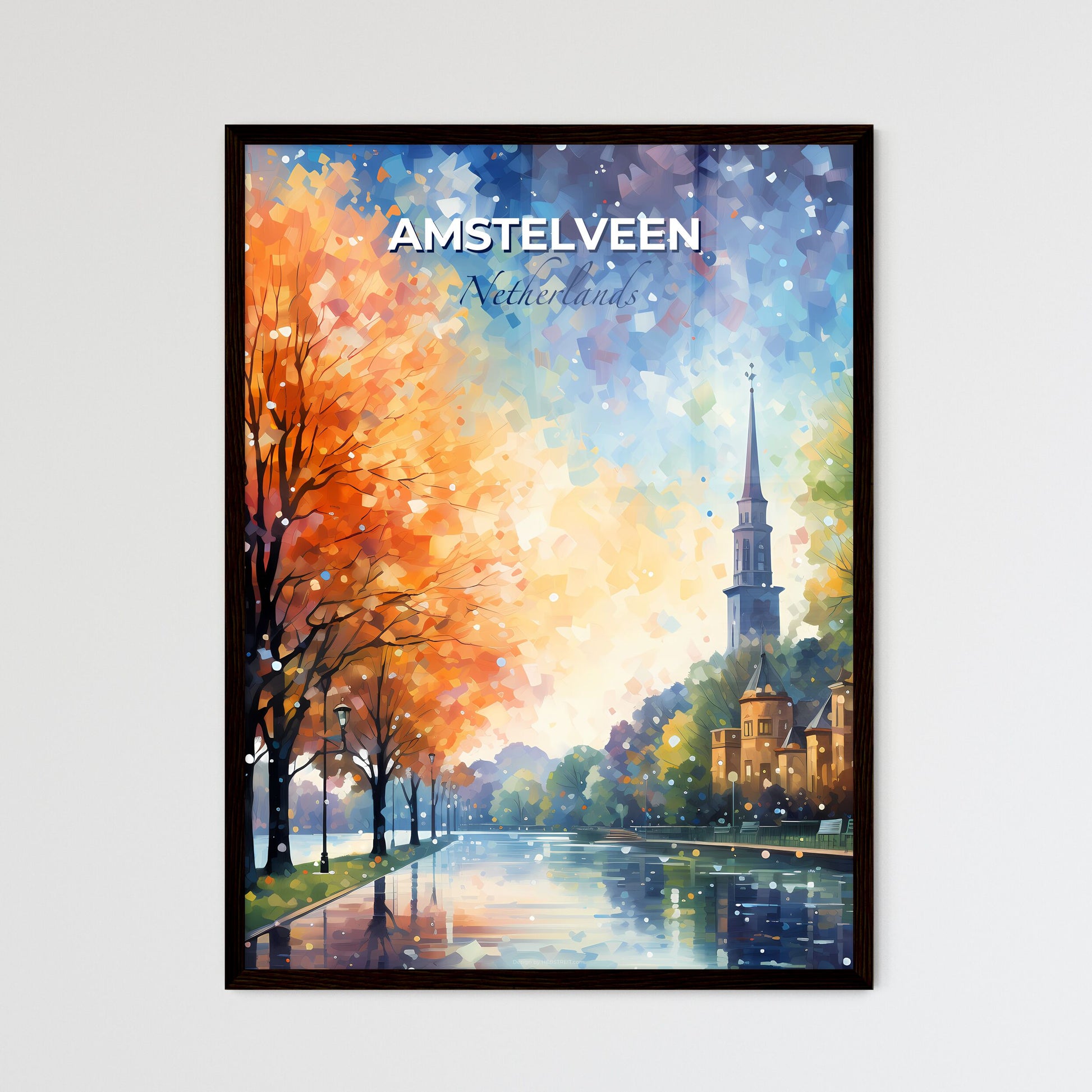Amstelveen, Netherlands, A Poster of a water way with trees and buildings Default Title