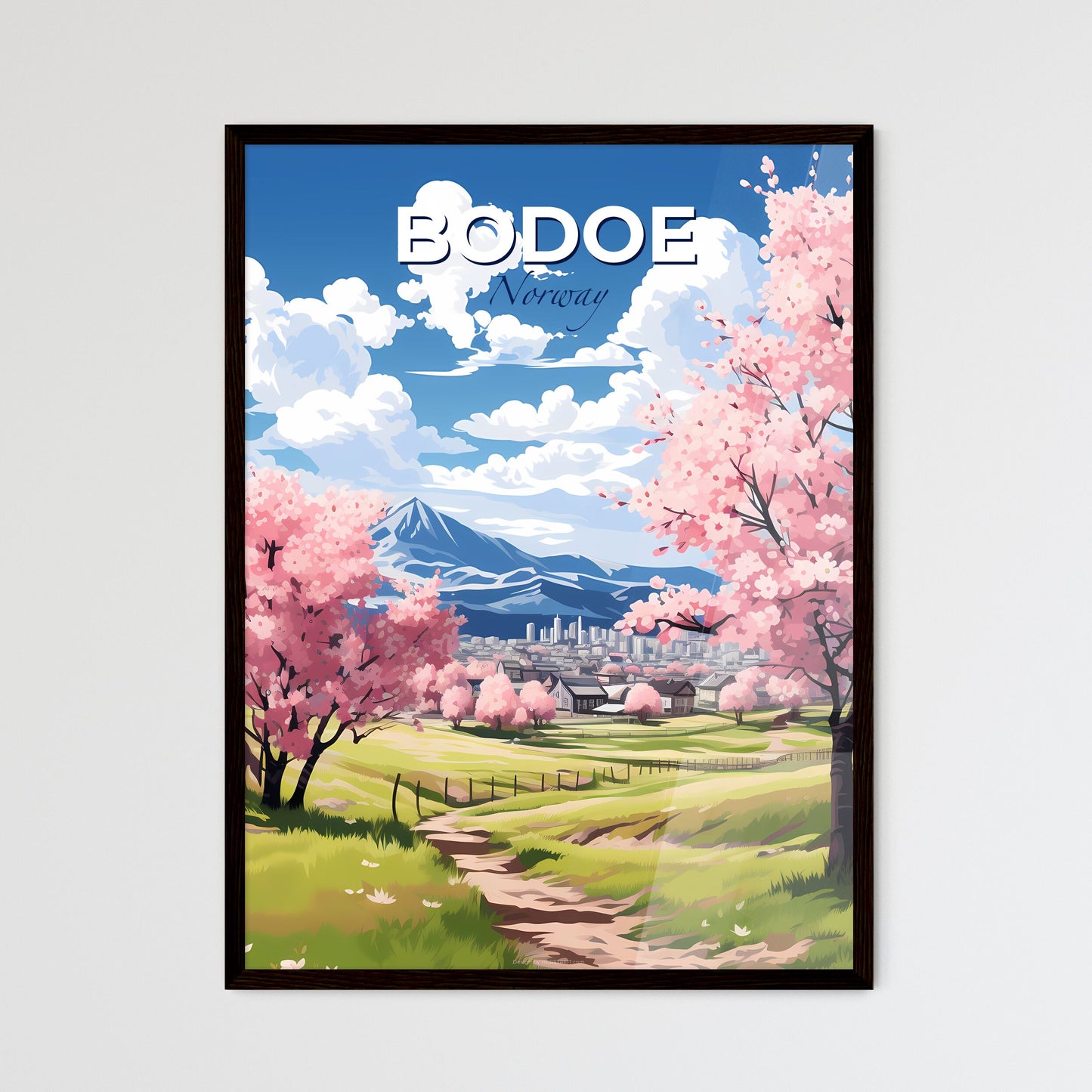 Bodoe, Norway, A Poster of a landscape with pink trees and a city in the background Default Title