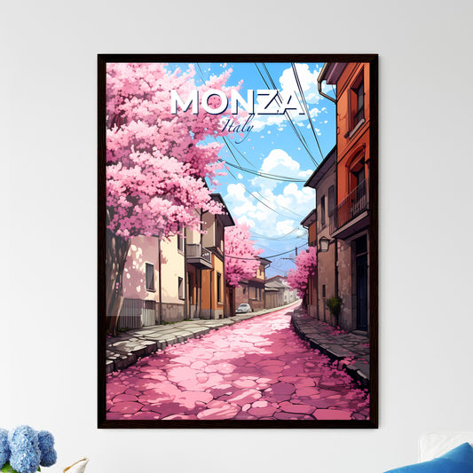 Monza, Italy, A Poster of a street with pink trees and buildings Default Title