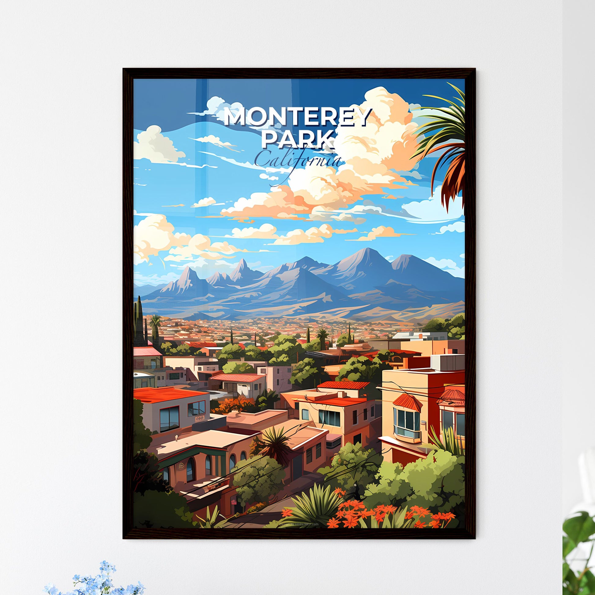Monterey Park, California, A Poster of a landscape of a city with trees and mountains Default Title