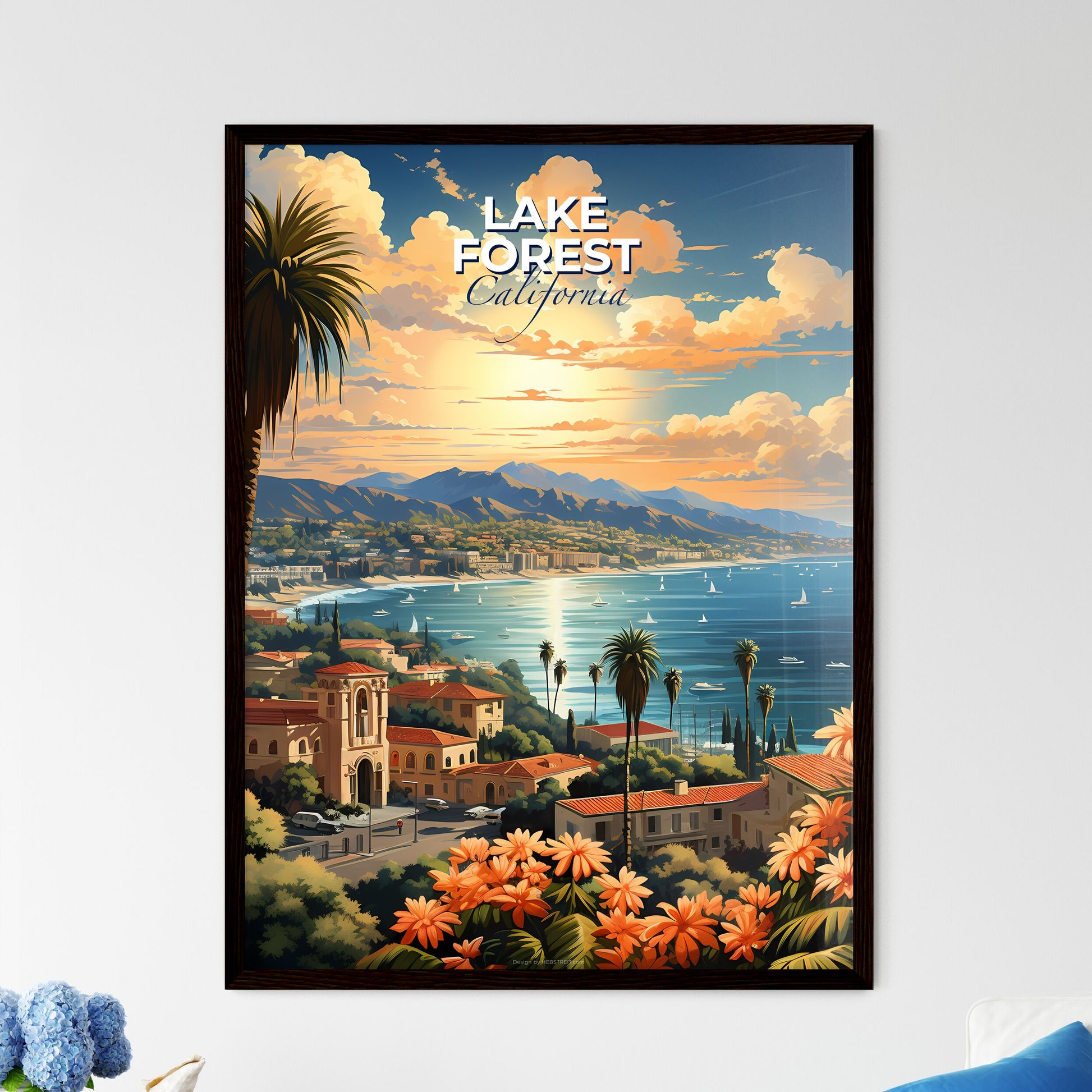 Lake Forest, California, A Poster of a landscape of a town with orange flowers and a body of water Default Title