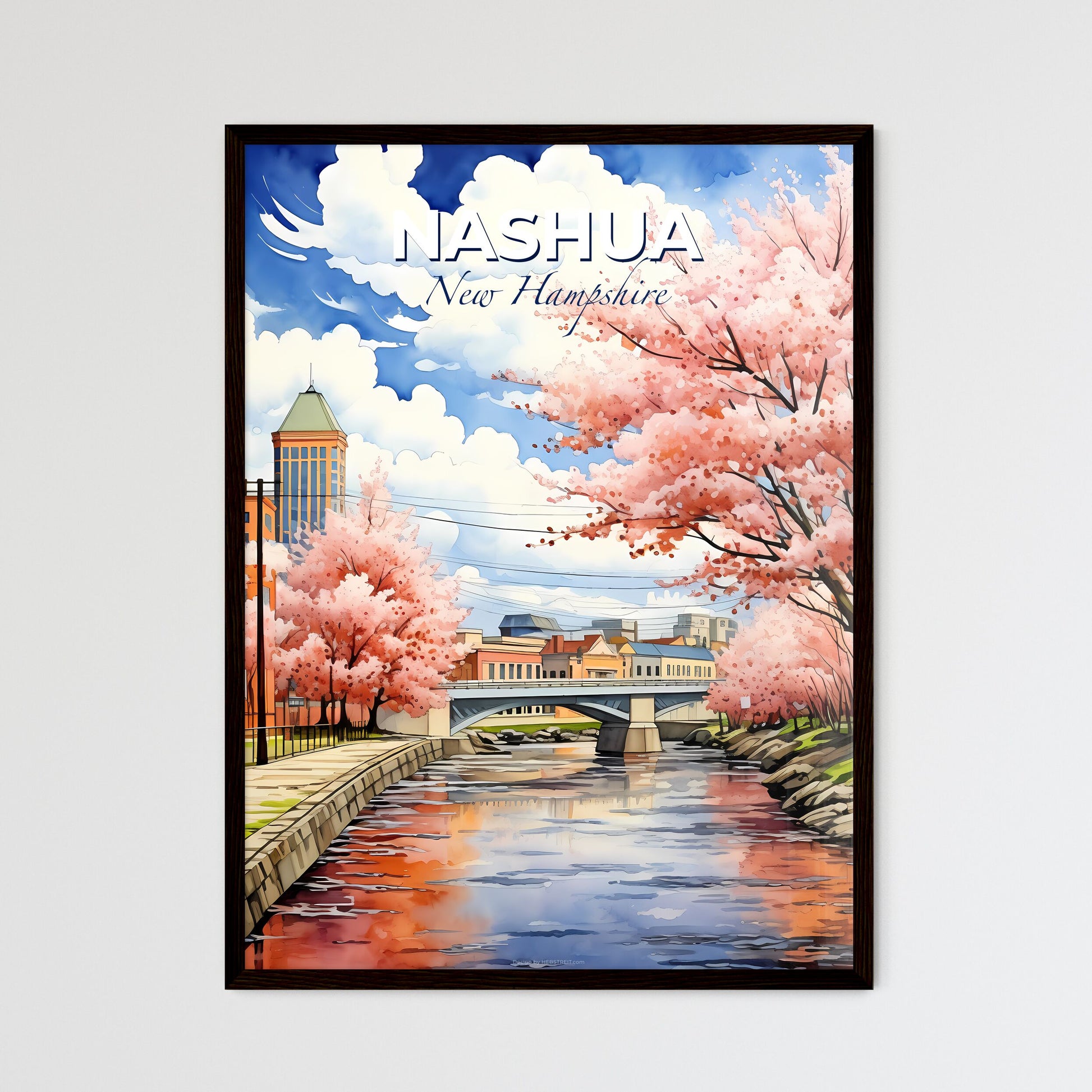 Nashua, New Hampshire, A Poster of a water canal with pink trees and buildings Default Title