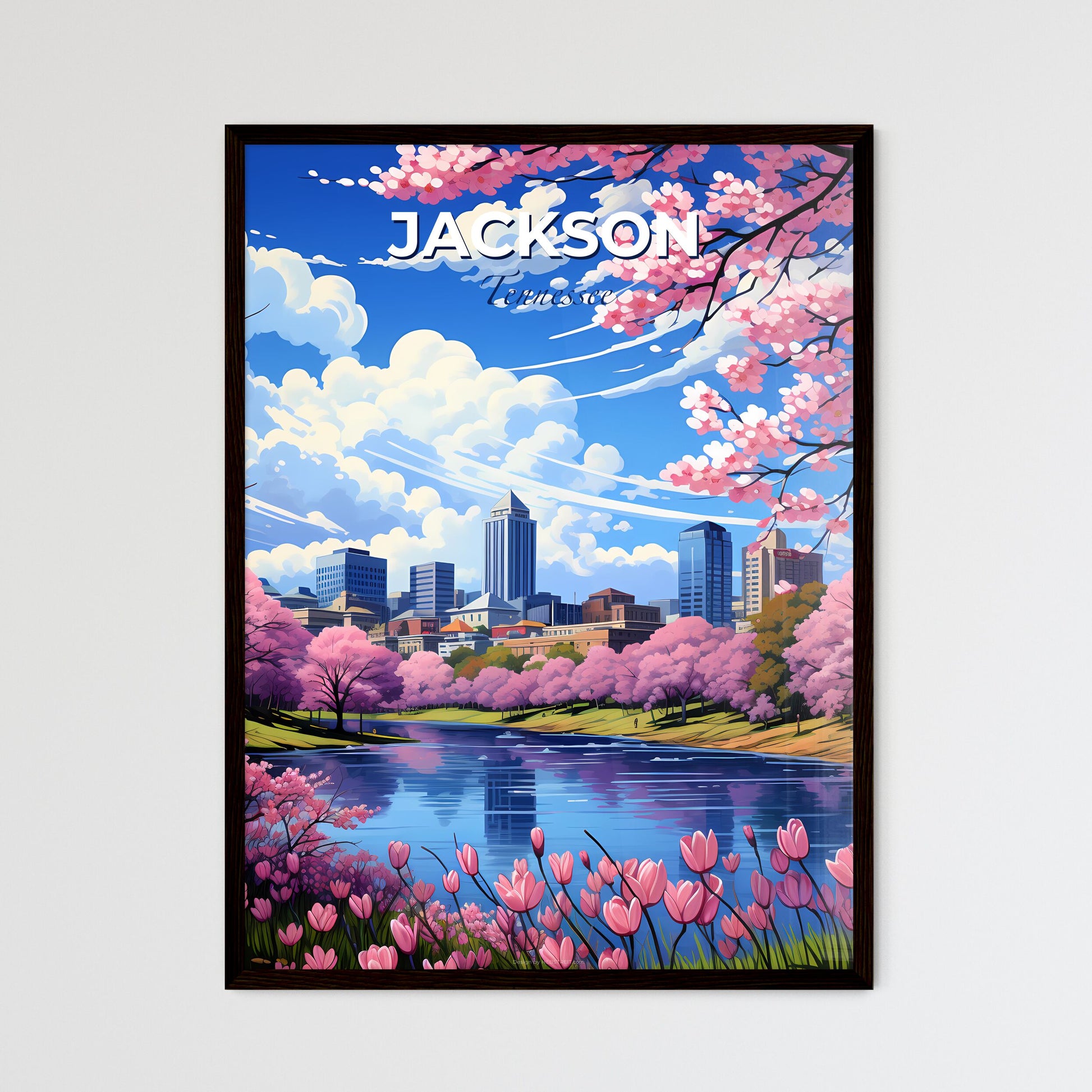 Jackson, Tennessee, A Poster of a city with pink flowers and a river Default Title