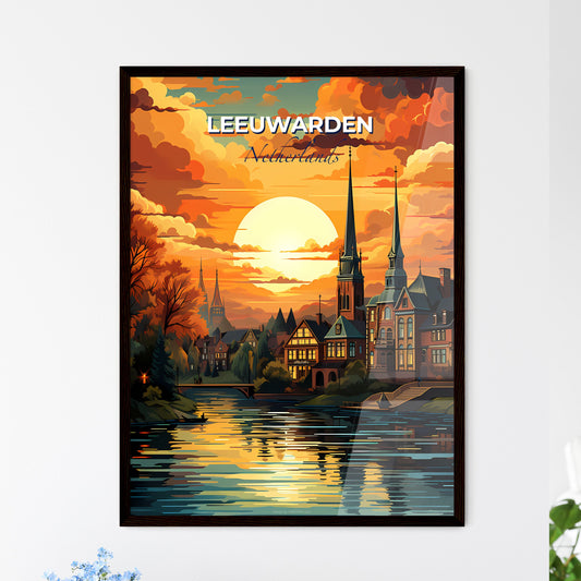 Leeuwarden, Netherlands, A Poster of a sunset over a river with a city and trees Default Title