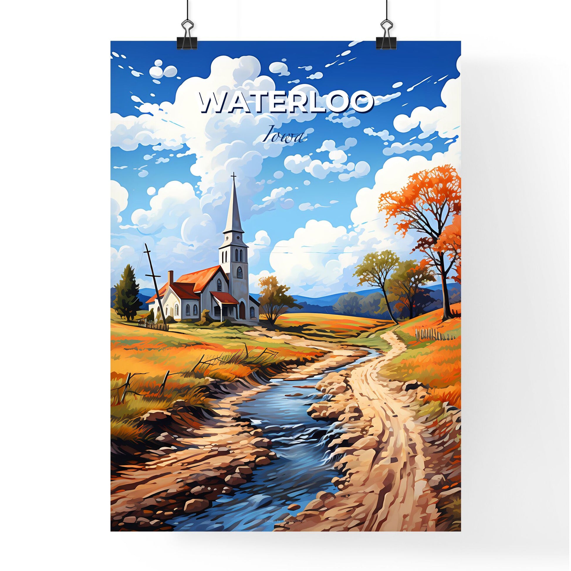 Waterloo, Iowa, A Poster of a church in a field with a stream Default Title