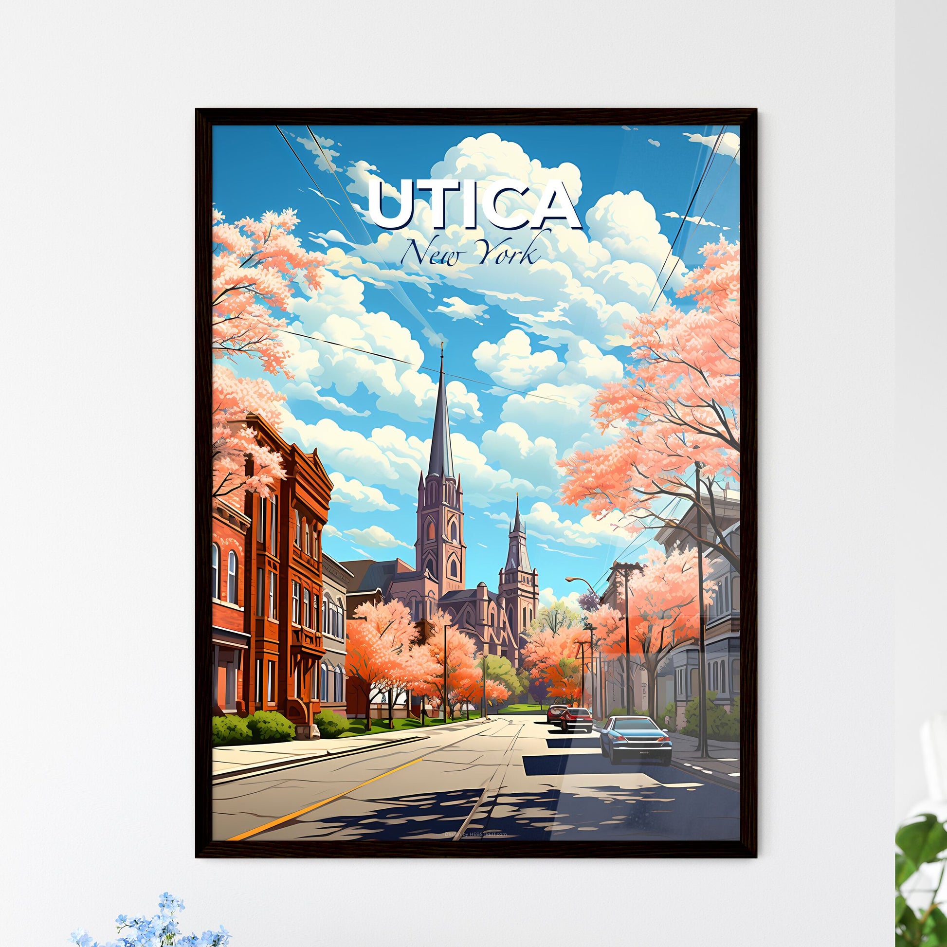 Utica, New York, A Poster of a street with cars and trees with pink flowers on the side Default Title