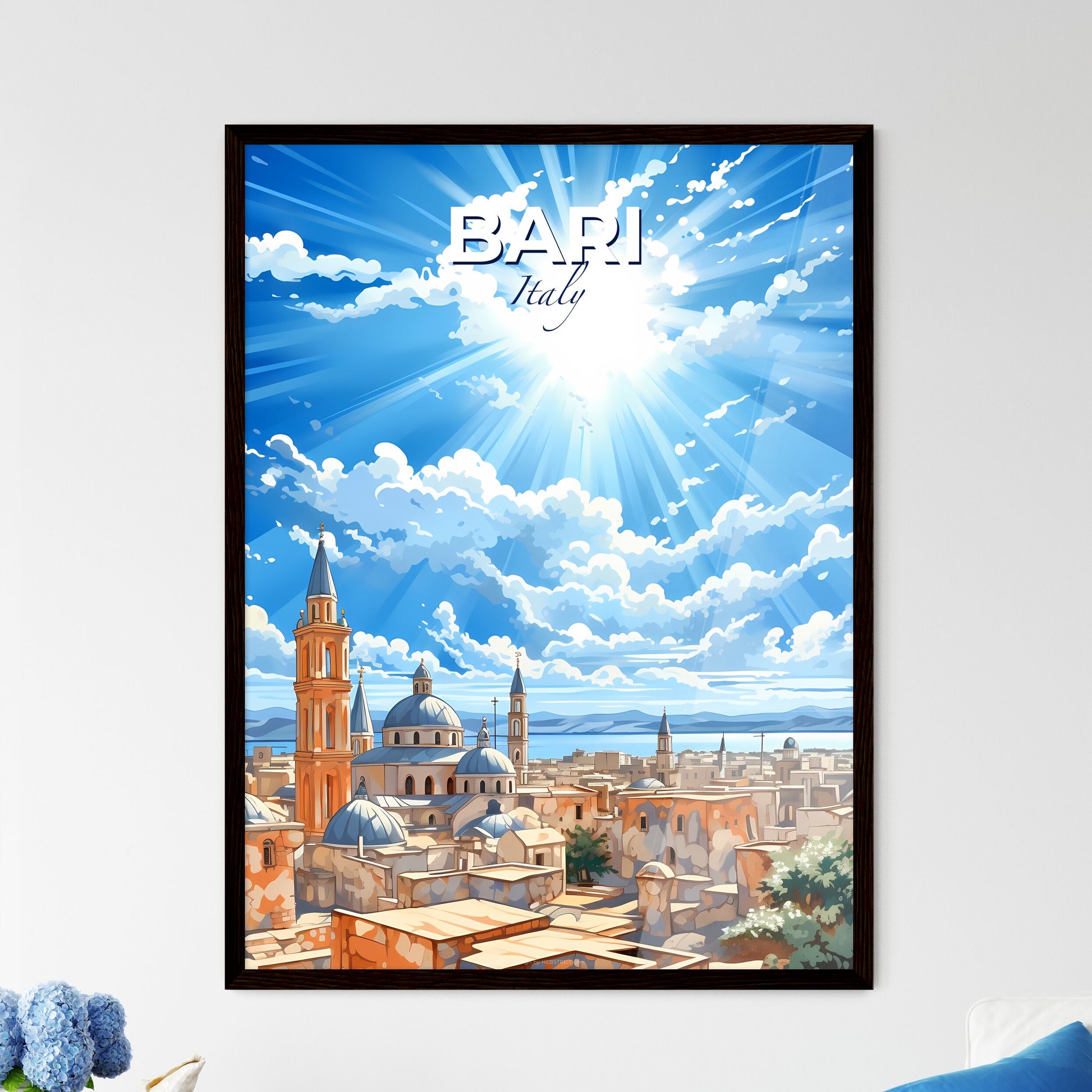 Bari, Italy, A Poster of a city with towers and towers and a blue sky with clouds Default Title