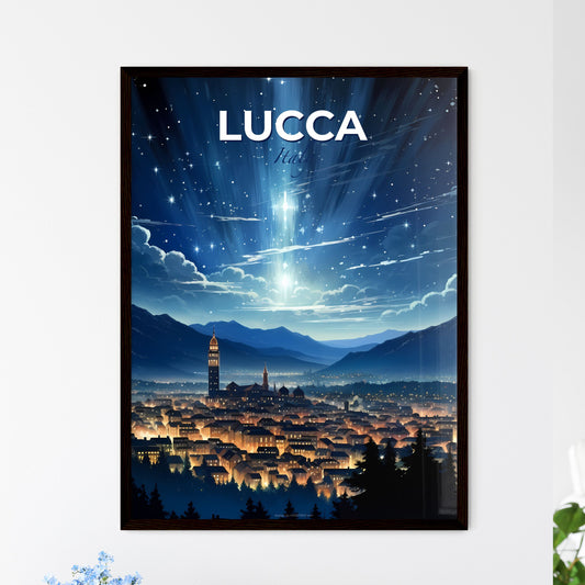Lucca, Italy, A Poster of a city with lights and mountains in the background Default Title