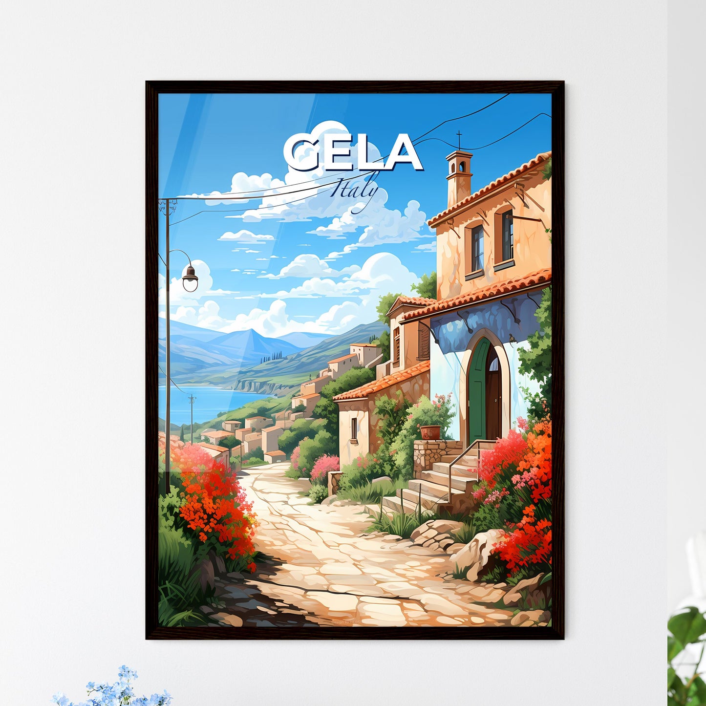 Gela, Italy, A Poster of a painting of a village with a path and a lake Default Title