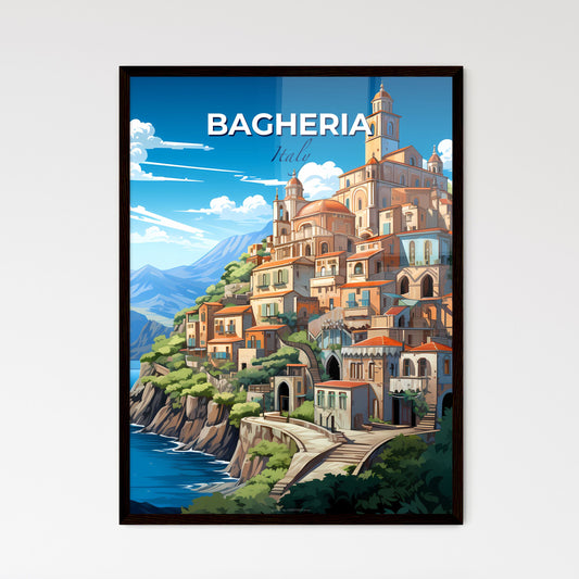 Bagheria, Italy, A Poster of a cartoon of a town on a cliff by the water Default Title