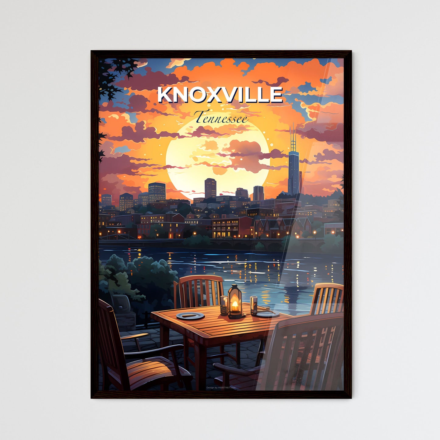Knoxville, Tennessee, A Poster of a table and chairs with a sunset over the water Default Title