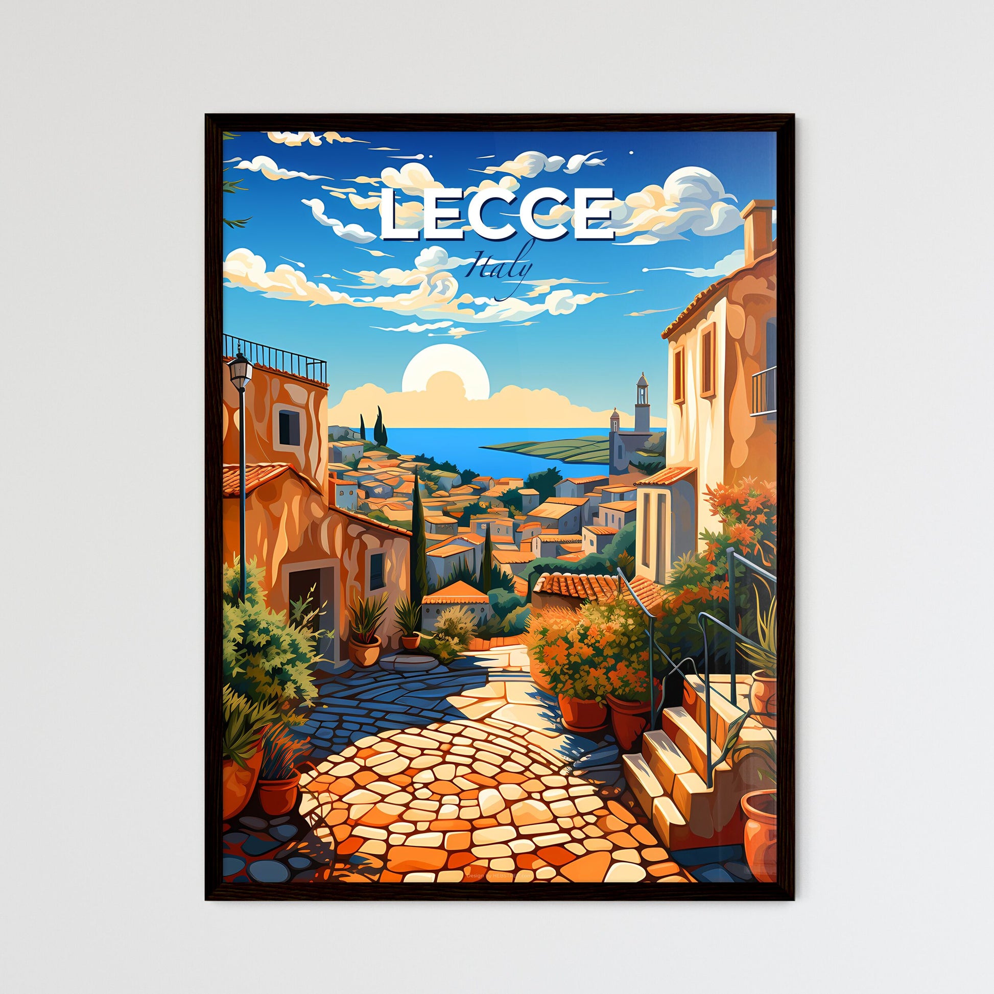 Lecce, Italy, A Poster of a painting of a town with a view of the sea and a sunny day Default Title