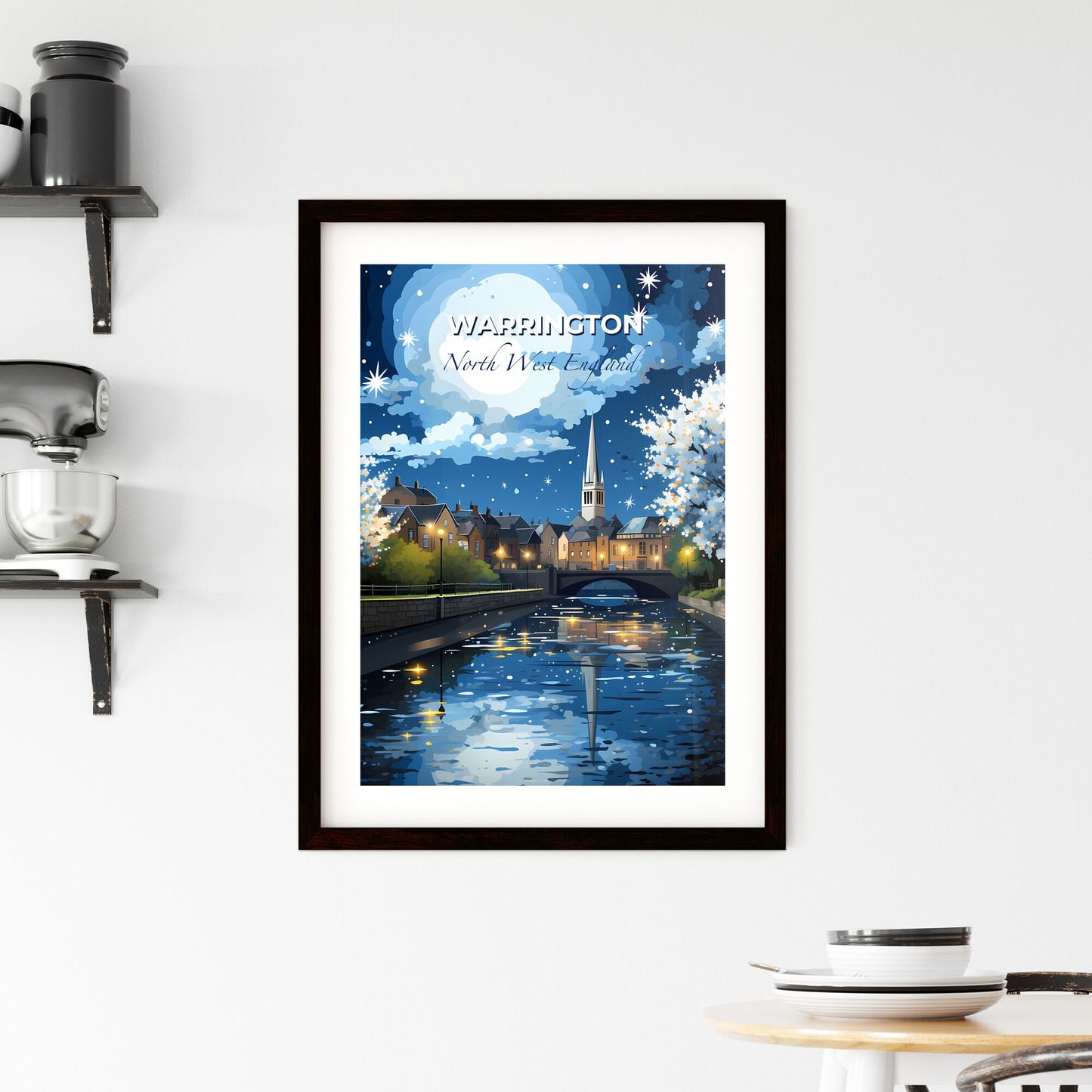 Warrington, North West England, A Poster of a river with trees and a bridge in the background Default Title