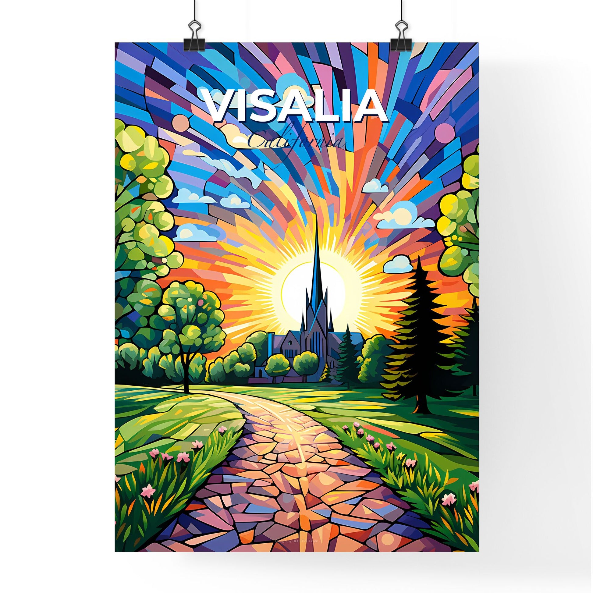 Visalia, California, A Poster of a colorful painting of a church and a road Default Title