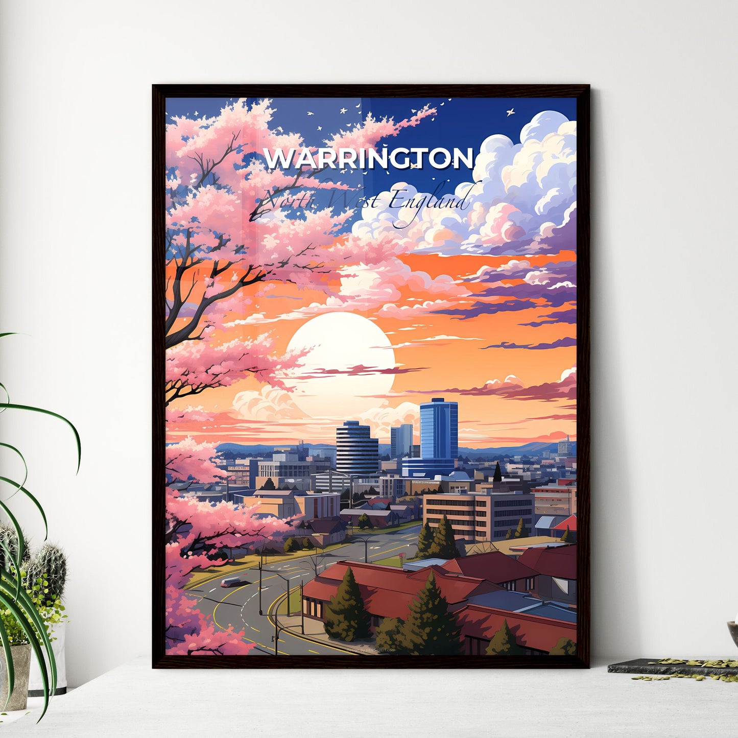 Warrington, North West England, A Poster of a city with pink flowers and a tree Default Title
