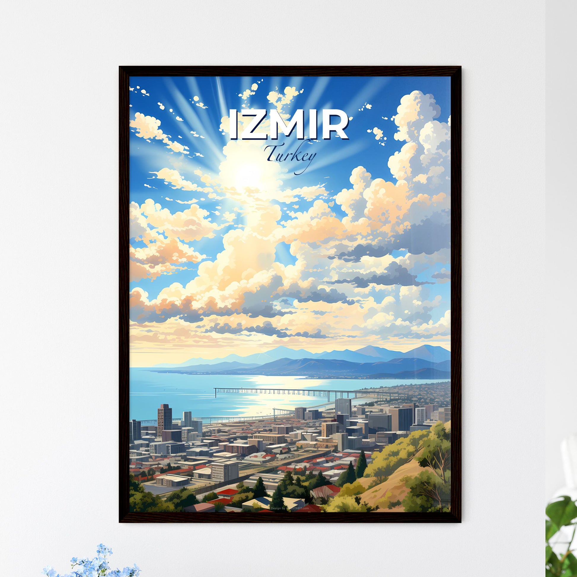 Izmir, Turkey, A Poster of a cityscape with a body of water and mountains Default Title