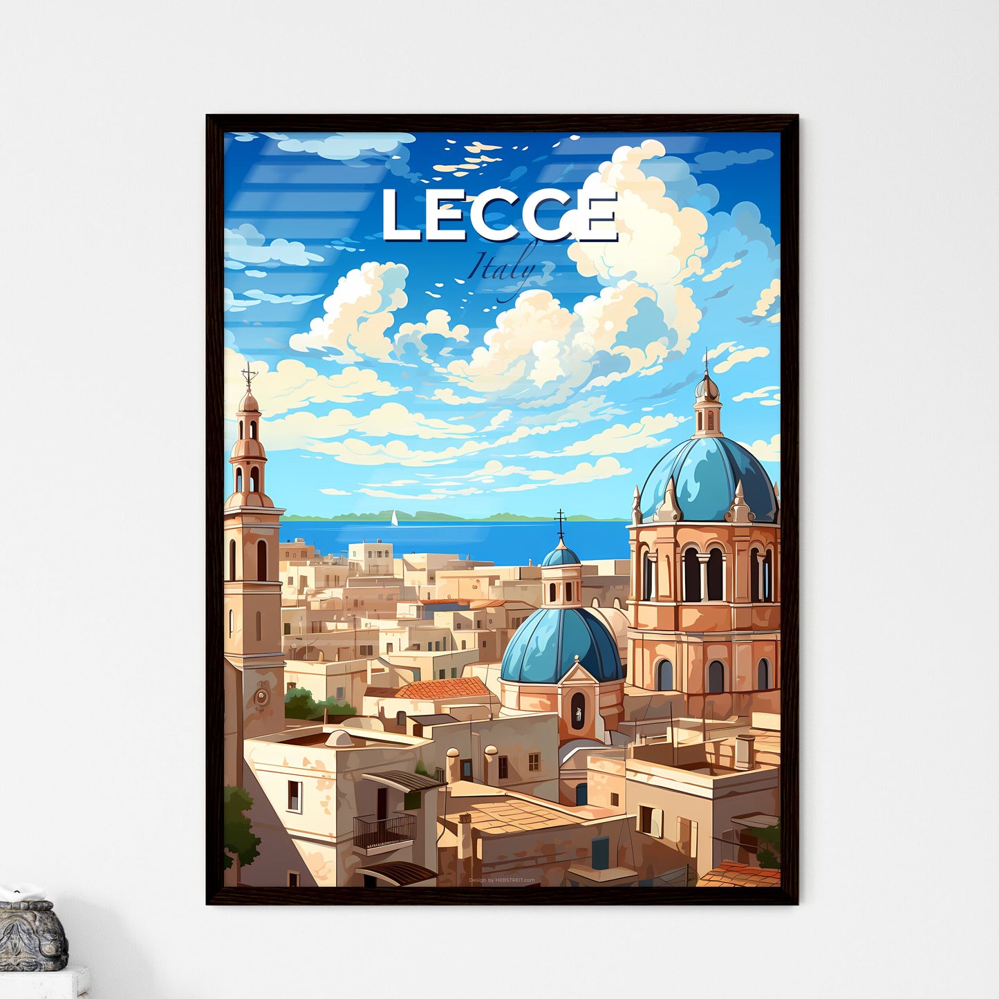 Lecce, Italy, A Poster of a city with a blue dome and towers Default Title