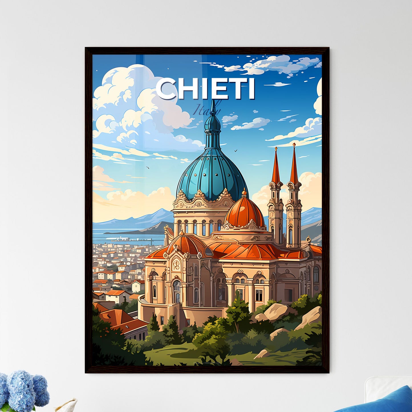 Chieti, Italy, A Poster of a building with a blue dome and a city in the background Default Title