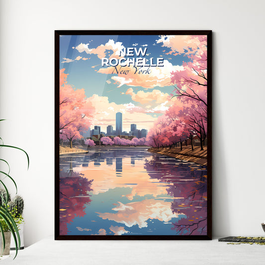 New Rochelle, New York, A Poster of a water body with pink trees and a city in the background Default Title
