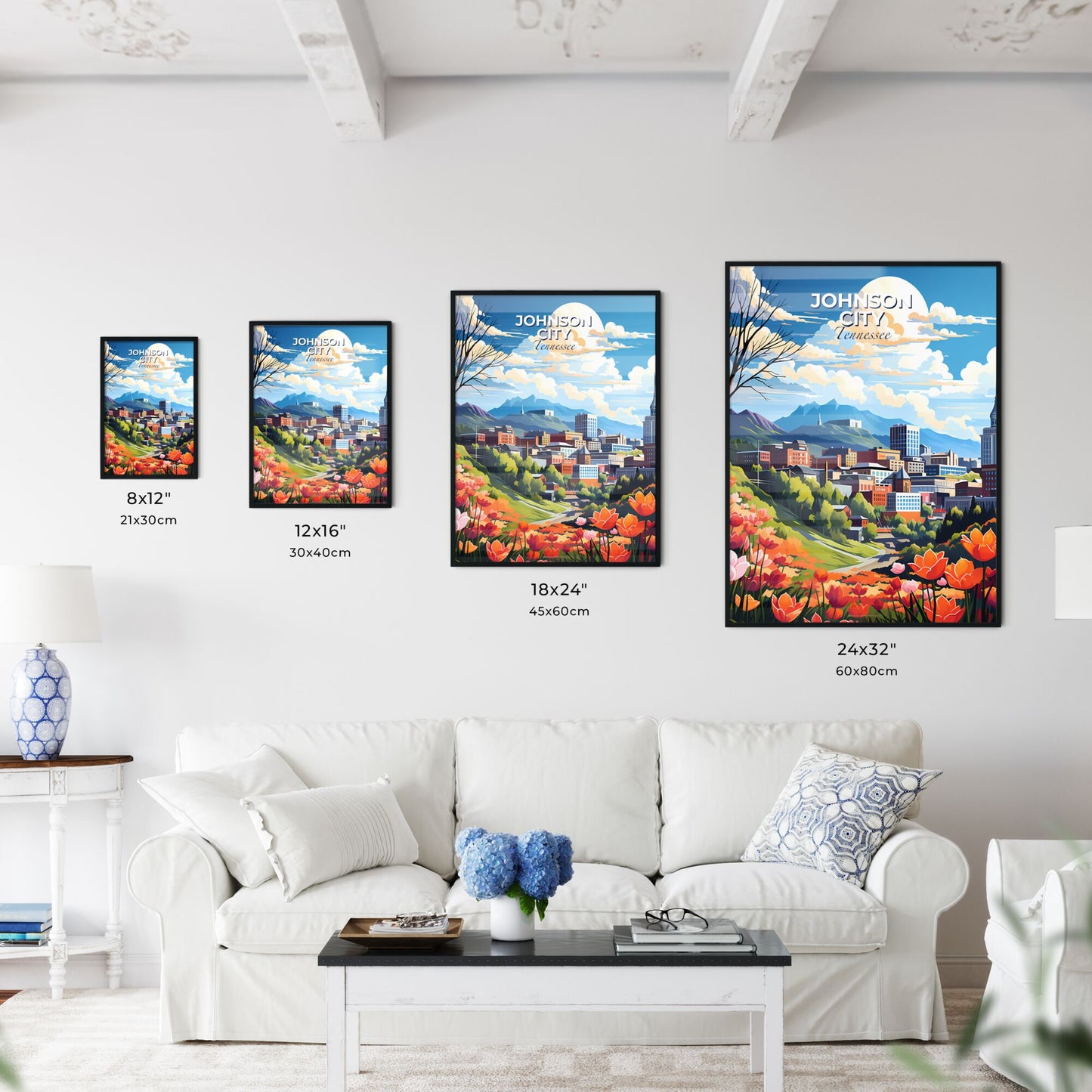 Johnson City, Tennessee, A Poster of a cityscape with flowers and mountains in the background Default Title