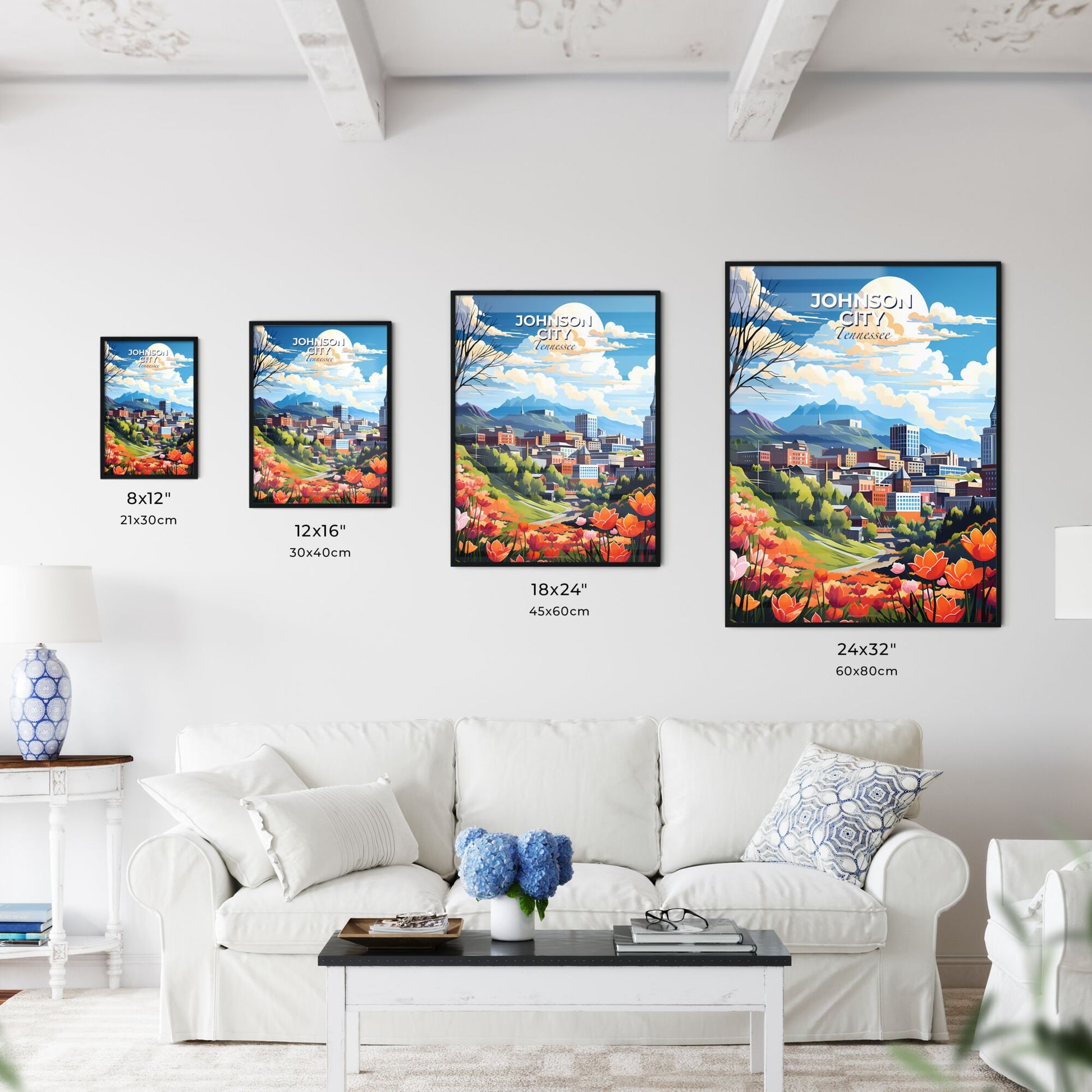 Johnson City, Tennessee, A Poster of a cityscape with flowers and mountains in the background Default Title