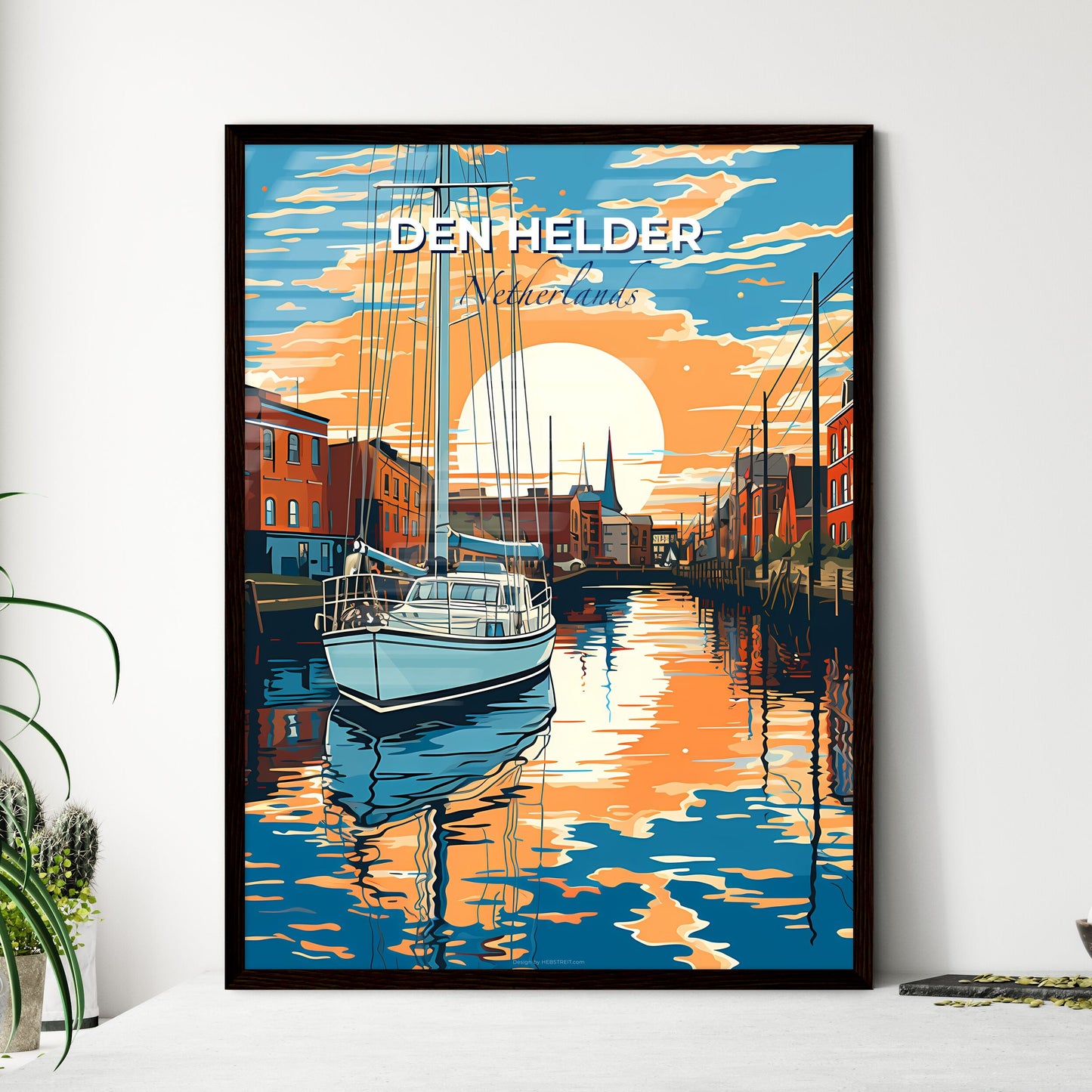 Den Helder, Netherlands, A Poster of a boat on a canal with buildings in the background Default Title