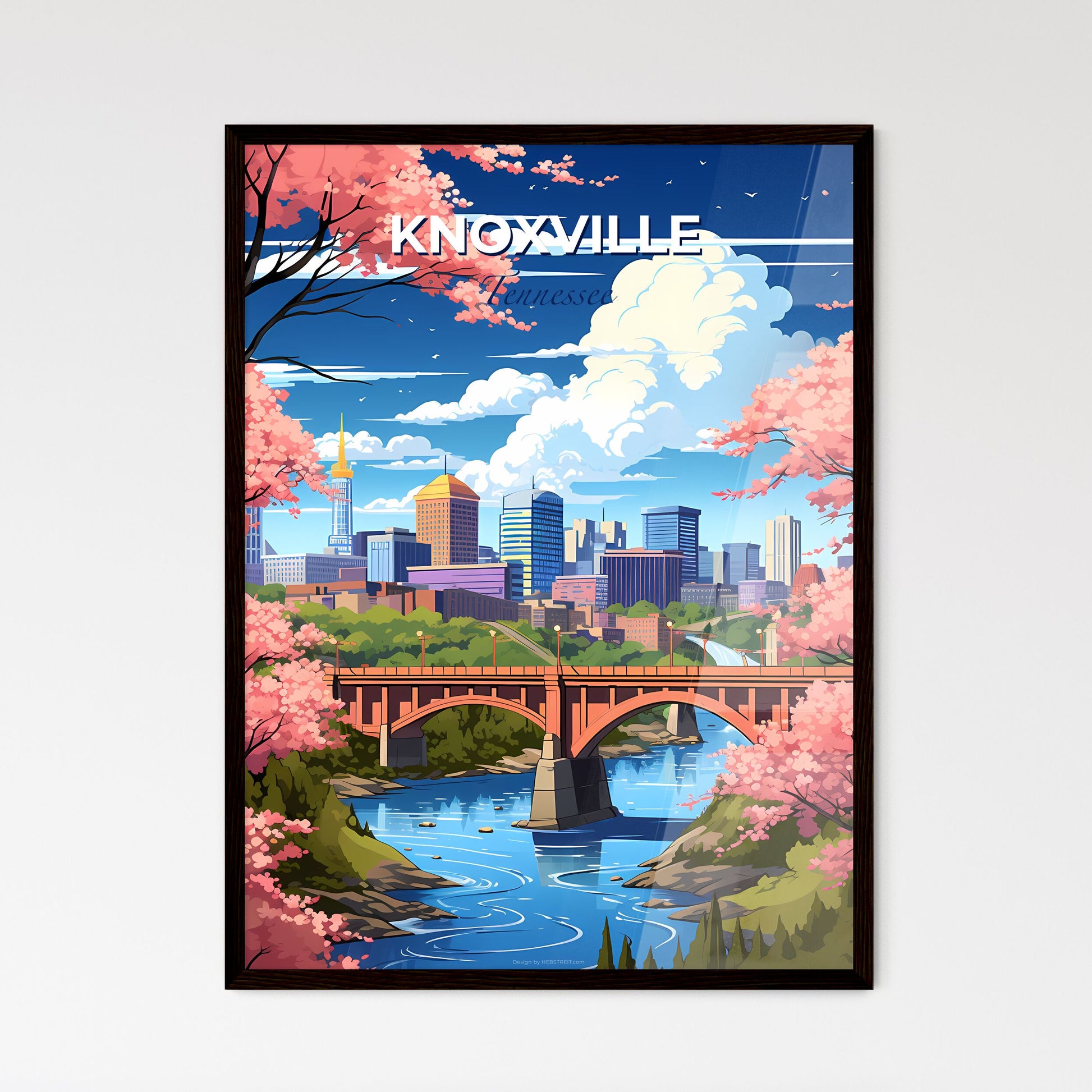 Knoxville, Tennessee, A Poster of a bridge over a river with pink flowers Default Title
