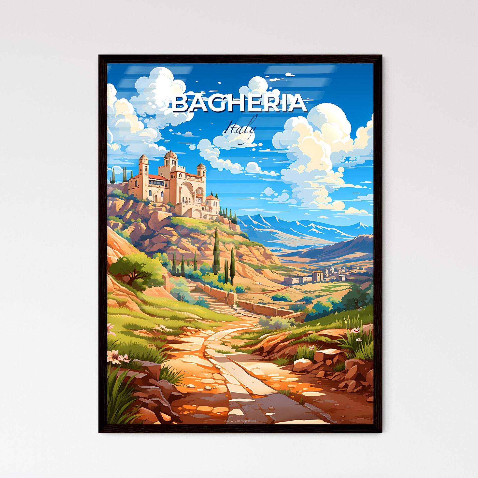 Bagheria, Italy, A Poster of a landscape with a castle on top of a hill Default Title