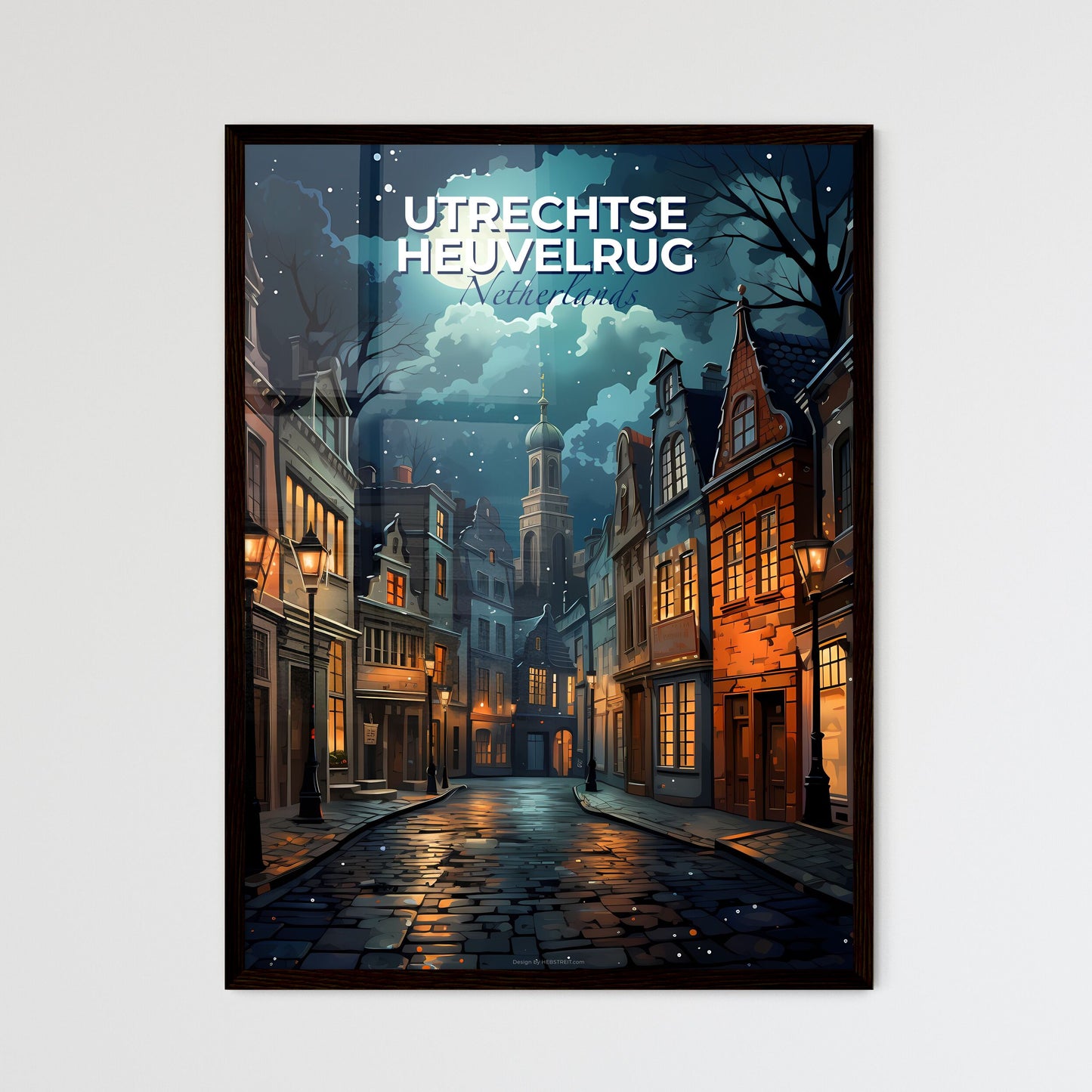 Utrechtse Heuvelrug, Netherlands, A Poster of a street with buildings and a moon in the sky Default Title