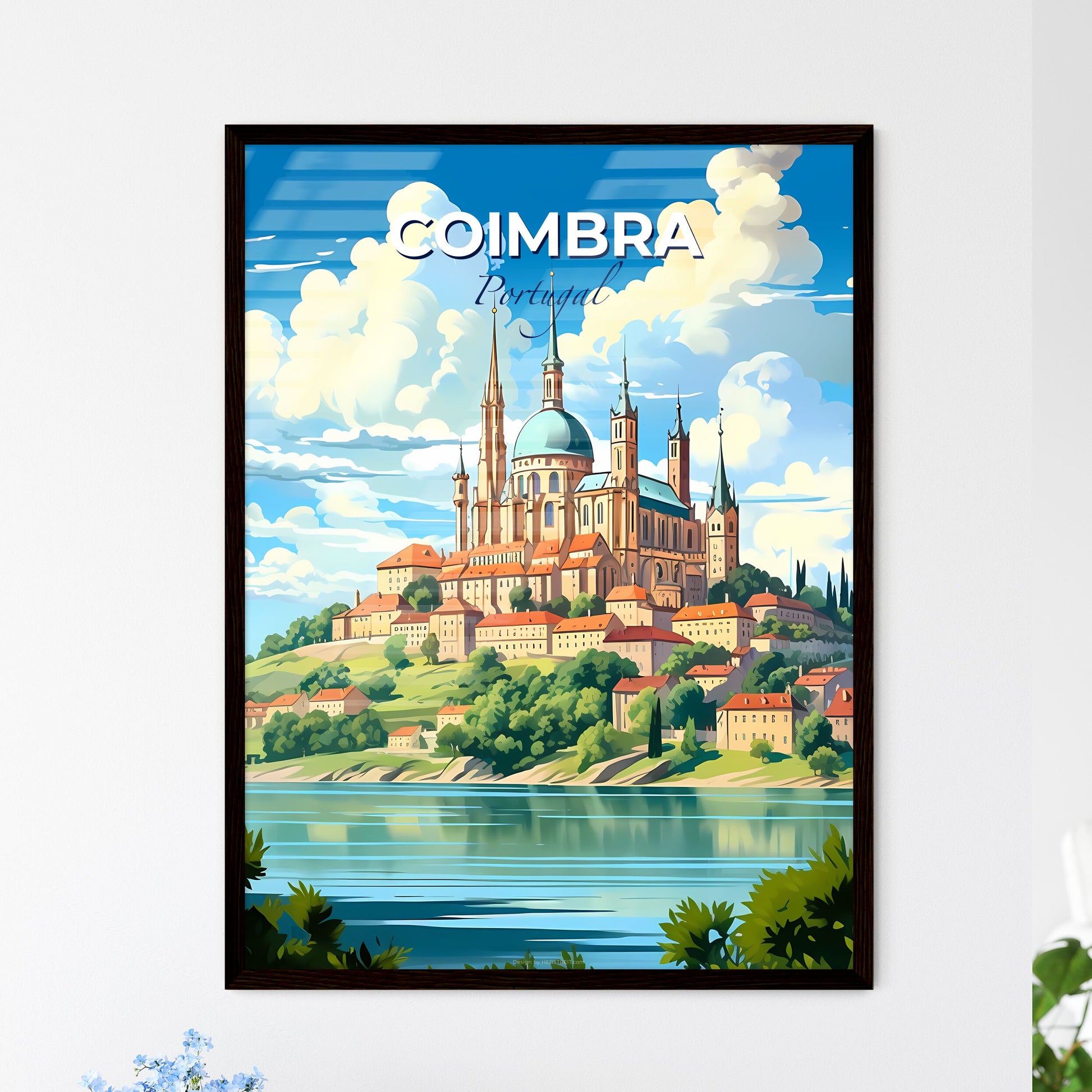 Coimbra, Portugal, A Poster of a castle on a hill with trees and a body of water Default Title